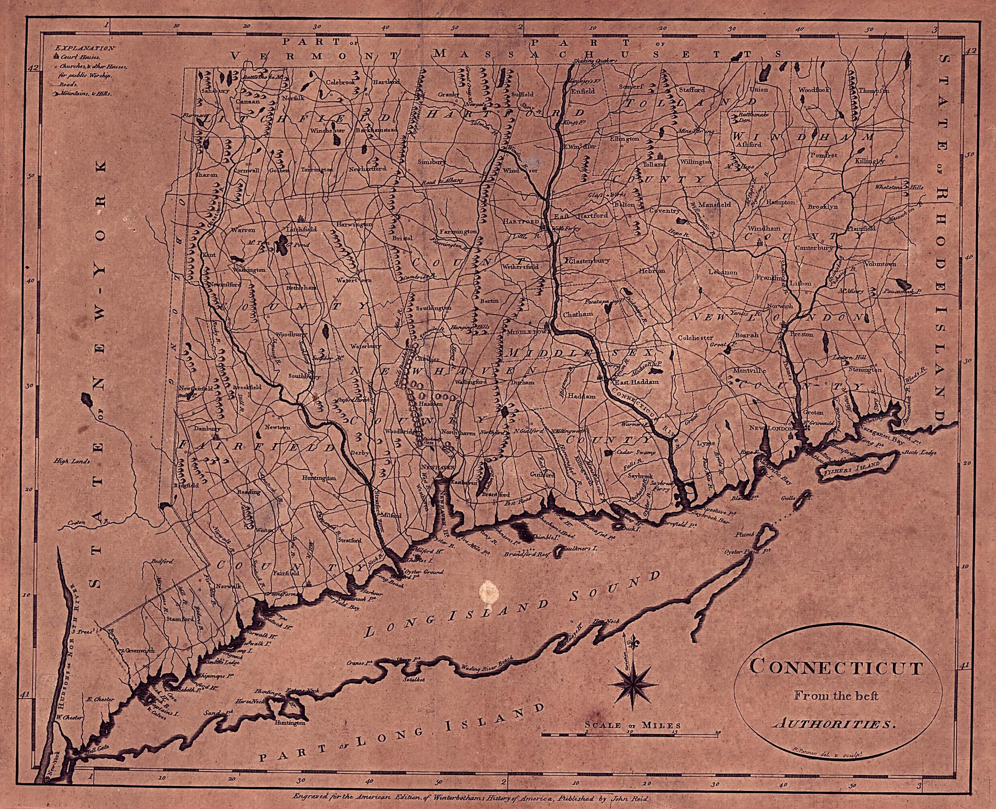This old map of Connecticut from the Best Authorites from 1796 was created by John Reid, Benjamin Tanner in 1796