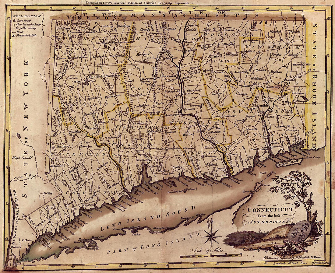 This old map of Connecticut, from the Best Authorities from 1795 was created by Mathew Carey in 1795
