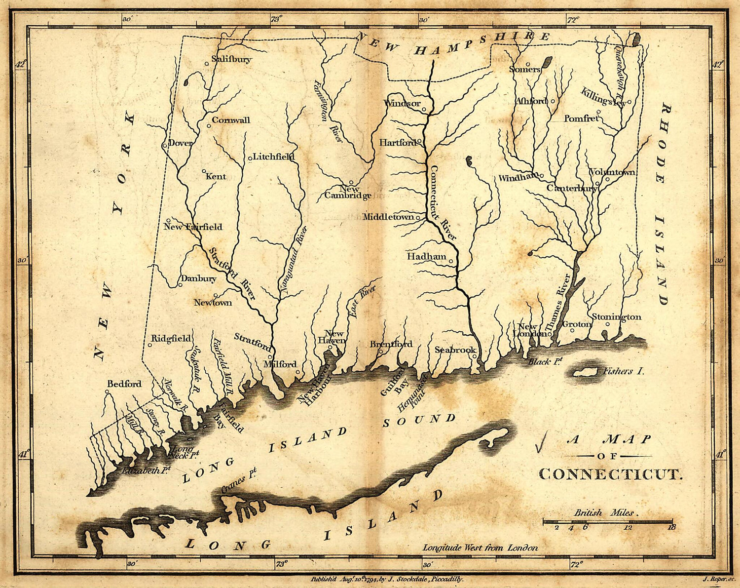 This old map of Connecticut from 1794 was created by John Stockdale in 1794