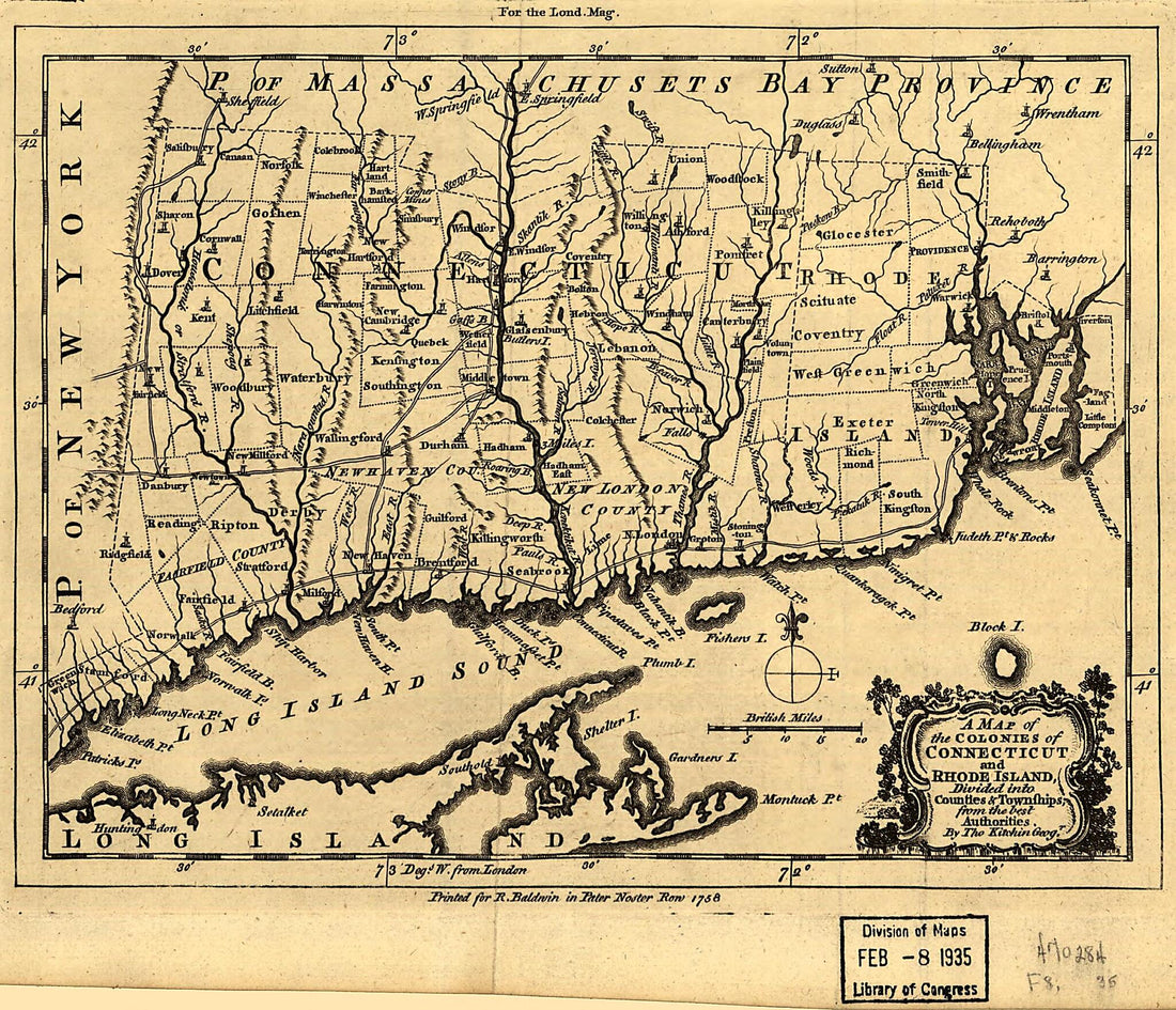 This old map of A Map of the Colonies In Connecticut and Rhode Island, Divided by Counties &amp; Townships, from Best Authorities from 1758 was created by Thomas Kitchin in 1758