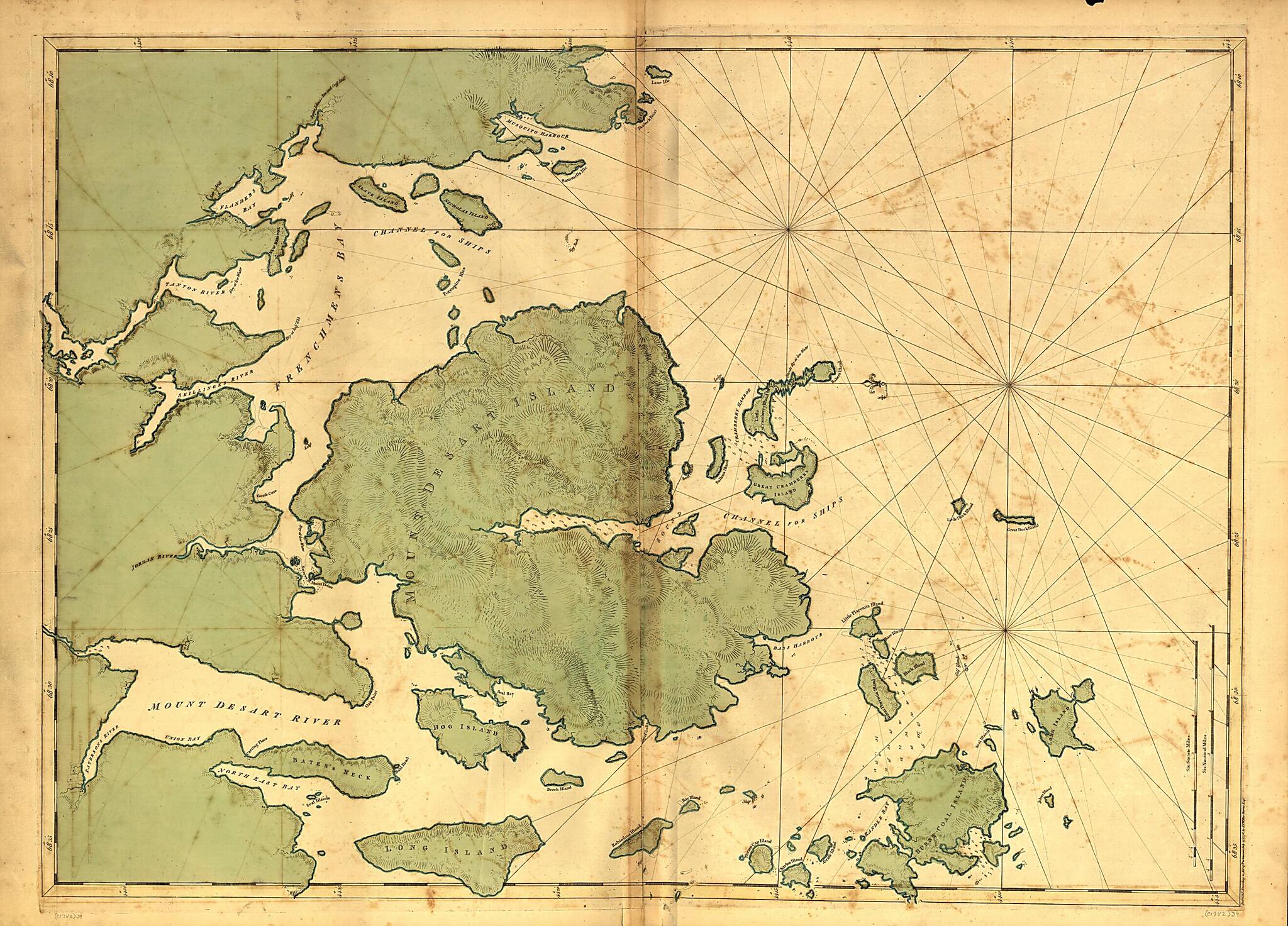 This old map of Mount Desert Island and Neighboring Coast of Maine from 1776 was created by Joseph F. W. (Joseph Frederick Wallet) Des Barres in 1776