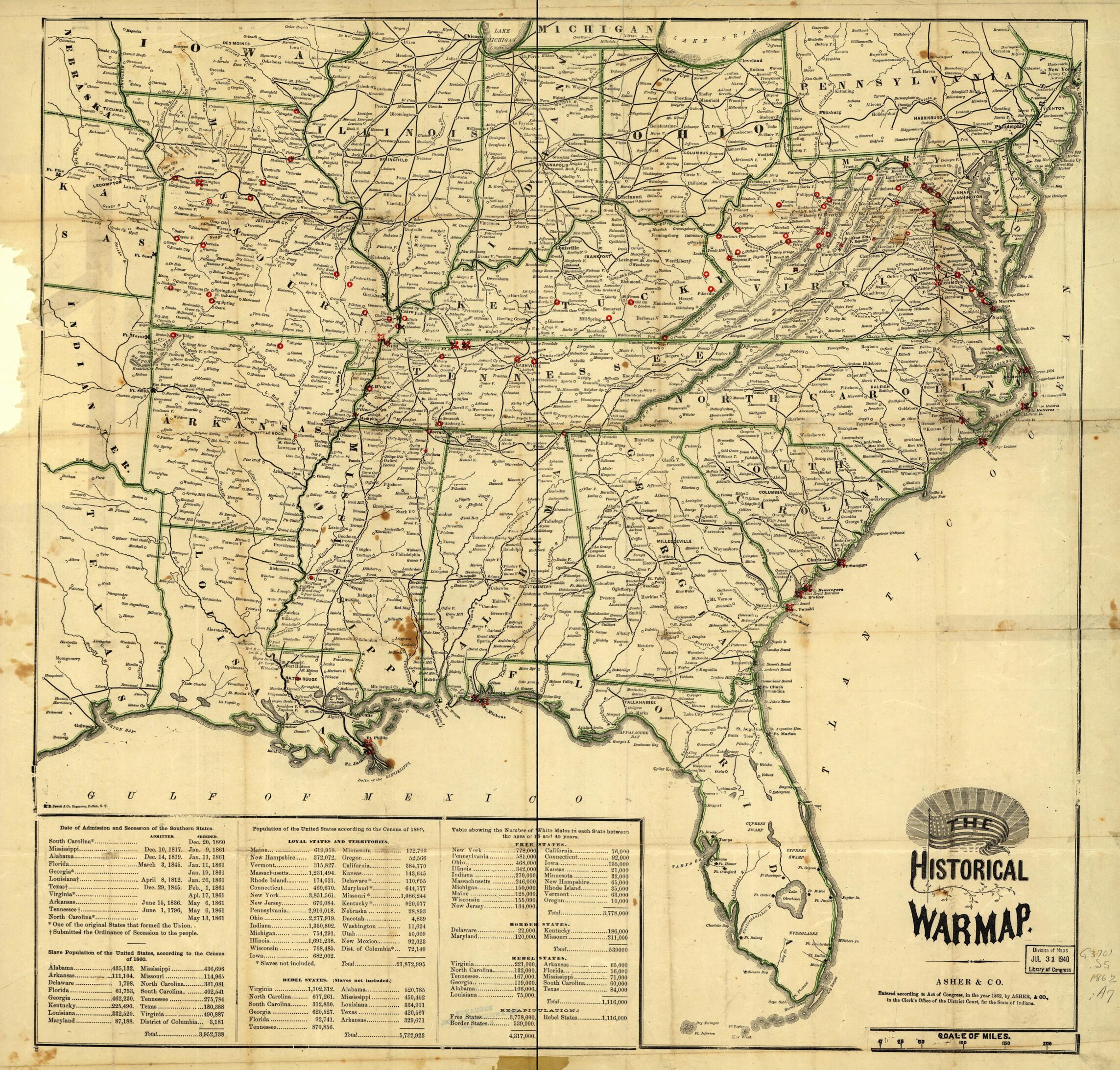 This old map of The Historical War Map from 1862 was created by  Asher &amp; Co in 1862