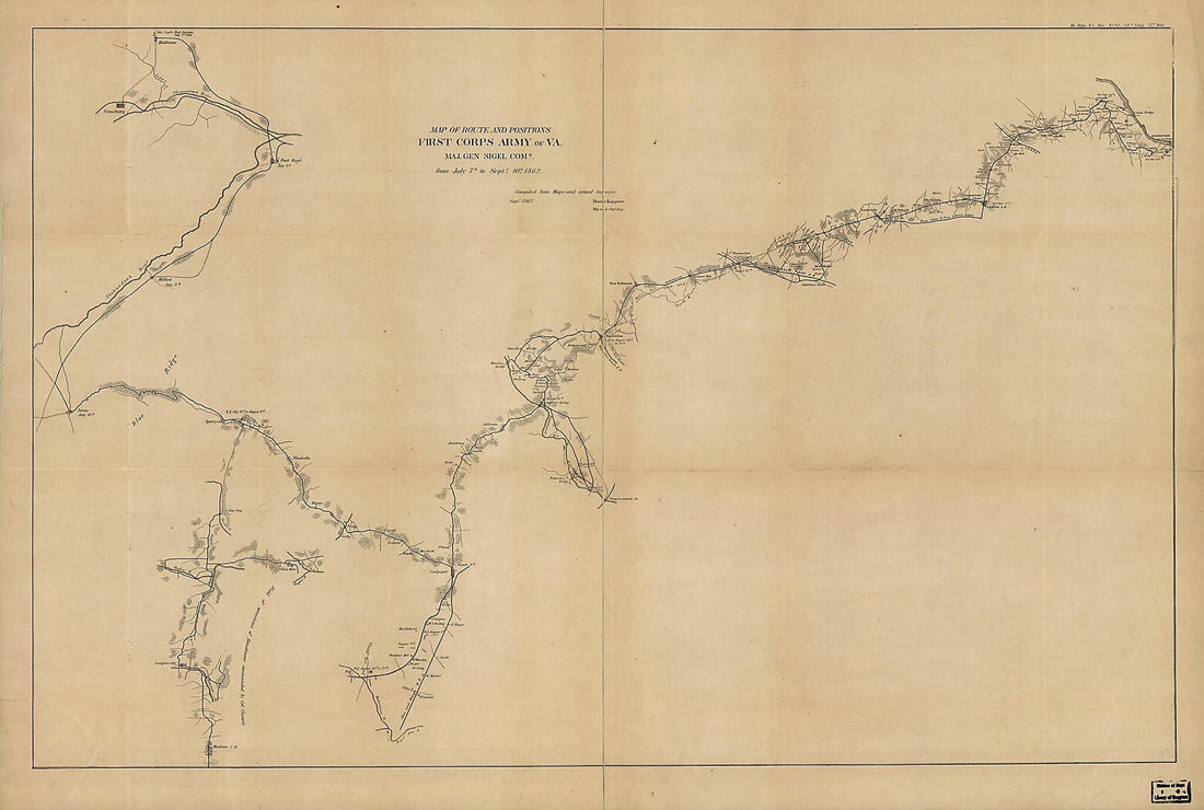 This old map of Map of Route and Positions, First Corps, Army of Va., Maj. Gen. Sigel Comg., from July 7th to Septr. 10th from 1862 was created by Franz Kappner in 1862