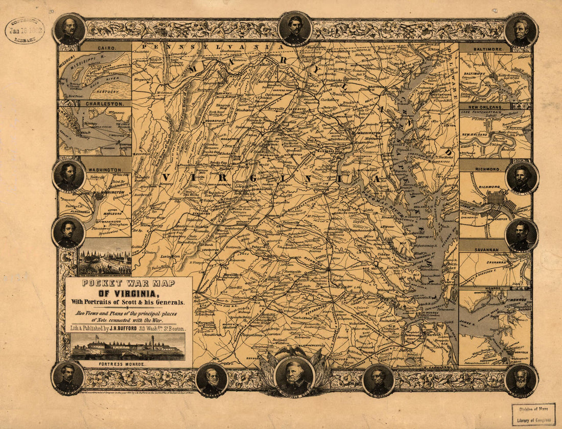 This old map of Pocket War Map of Virginia, With Portraits of Scott &amp; His Generals. Also Views and Plans of the Principal Places of Note Connected With the War from 1861 was created by John Henry Bufford in 1861