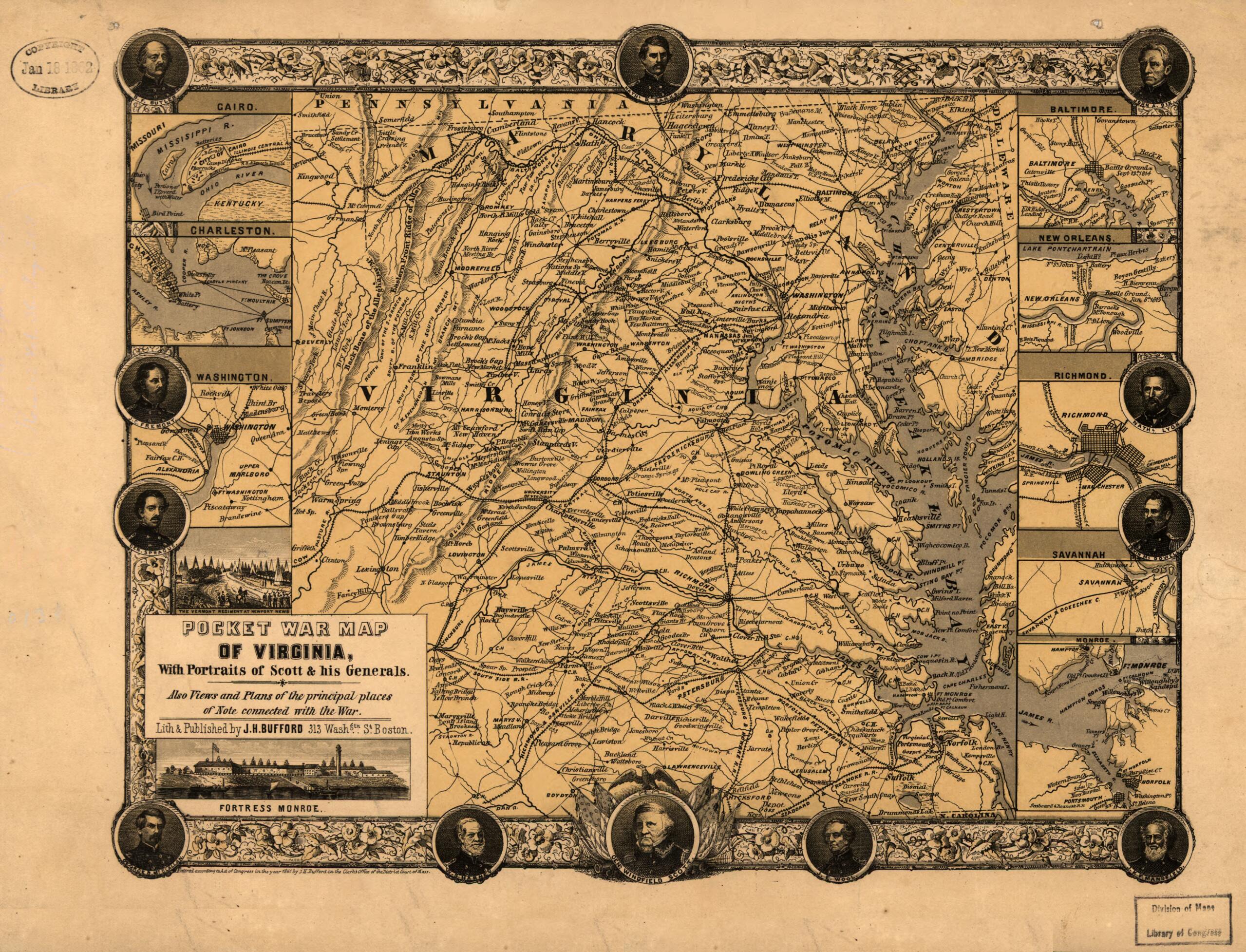 This old map of Pocket War Map of Virginia, With Portraits of Scott &amp; His Generals. Also Views and Plans of the Principal Places of Note Connected With the War from 1861 was created by John Henry Bufford in 1861