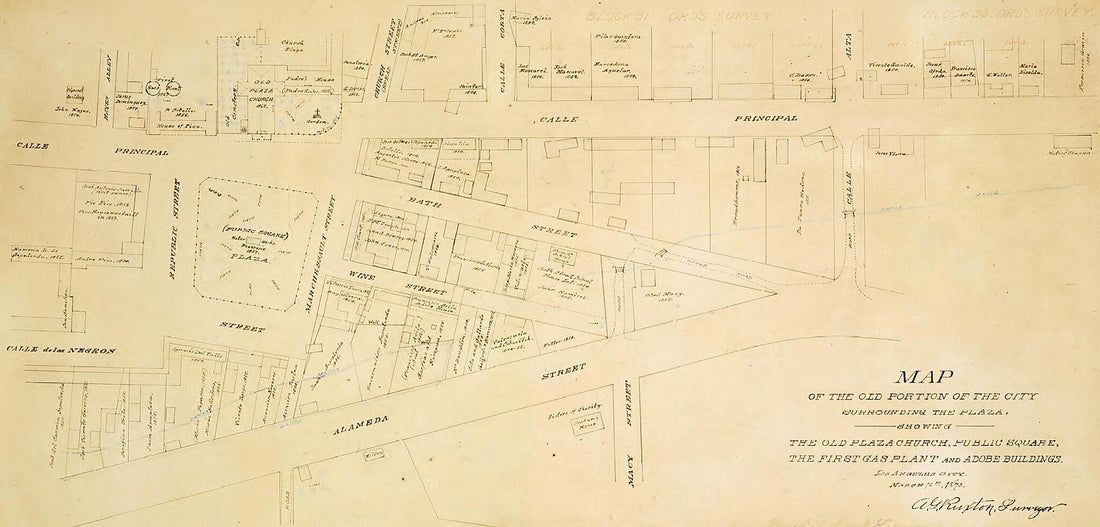 This old map of Map of the Old Portion of the City Surrounding the Plaza, Showing the Old Plaza Church, Public Square, the First Gas Plant and Adobe Buildings, Los Angeles City from 03-12 was created by A. G. Ruxton in 03-12