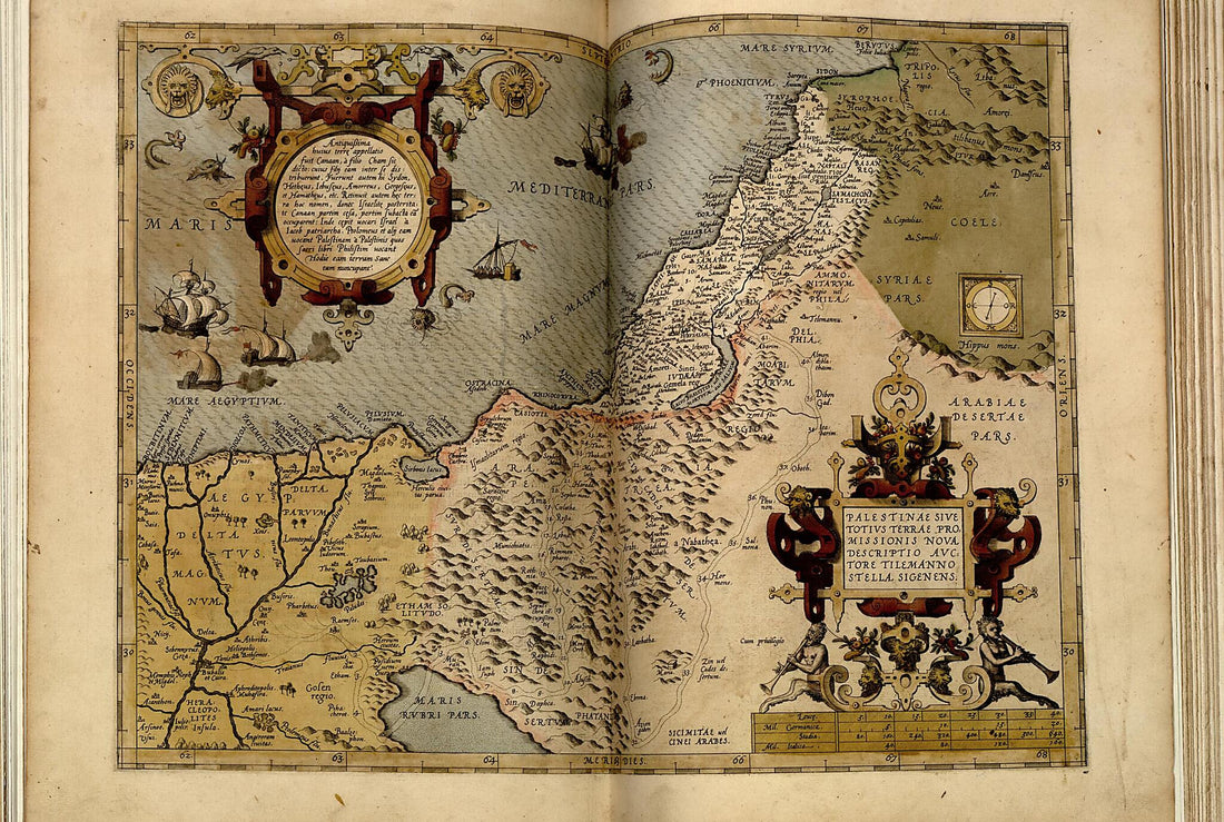 This old map of Palaestina Vel Terra Sancta from Theatrum Orbis Terrarum from 1570 was created by Abraham Ortelius in 1570