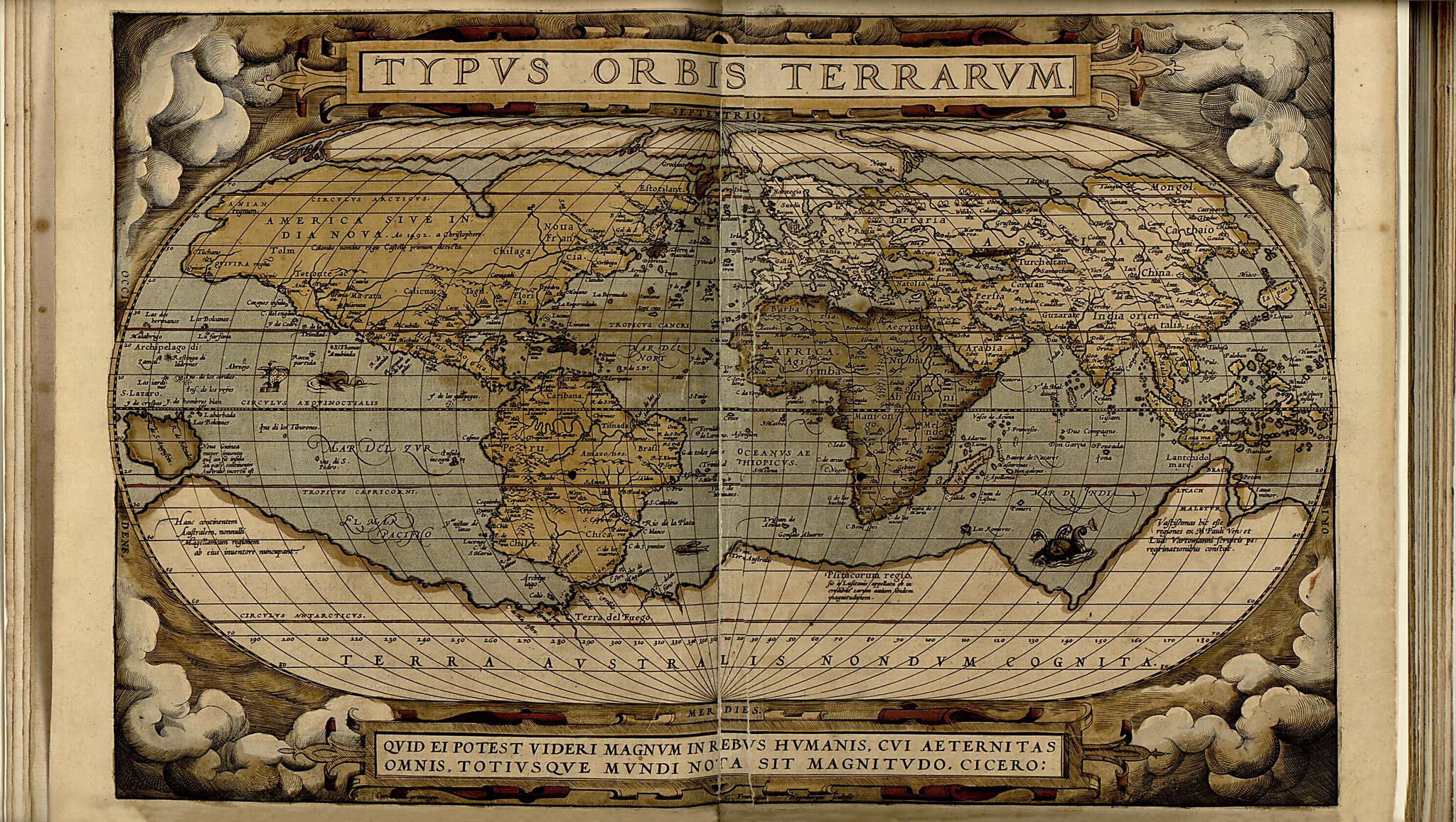 This old map of Typvs Orbis Terrarvm from Theatrum Orbis Terrarum from 1570 was created by Abraham Ortelius in 1570