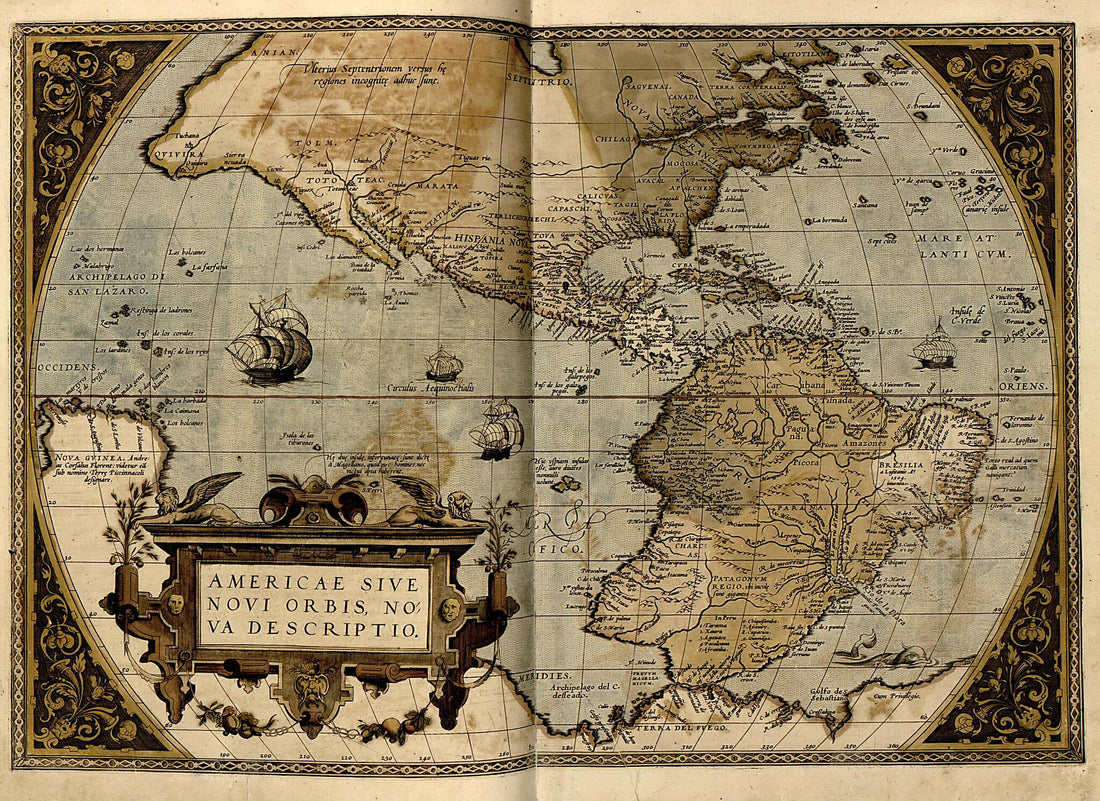 This old map of Americae Sive Novi Orbis, Nova Descriptio from Theatrum Orbis Terrarum from 1570 was created by Abraham Ortelius in 1570