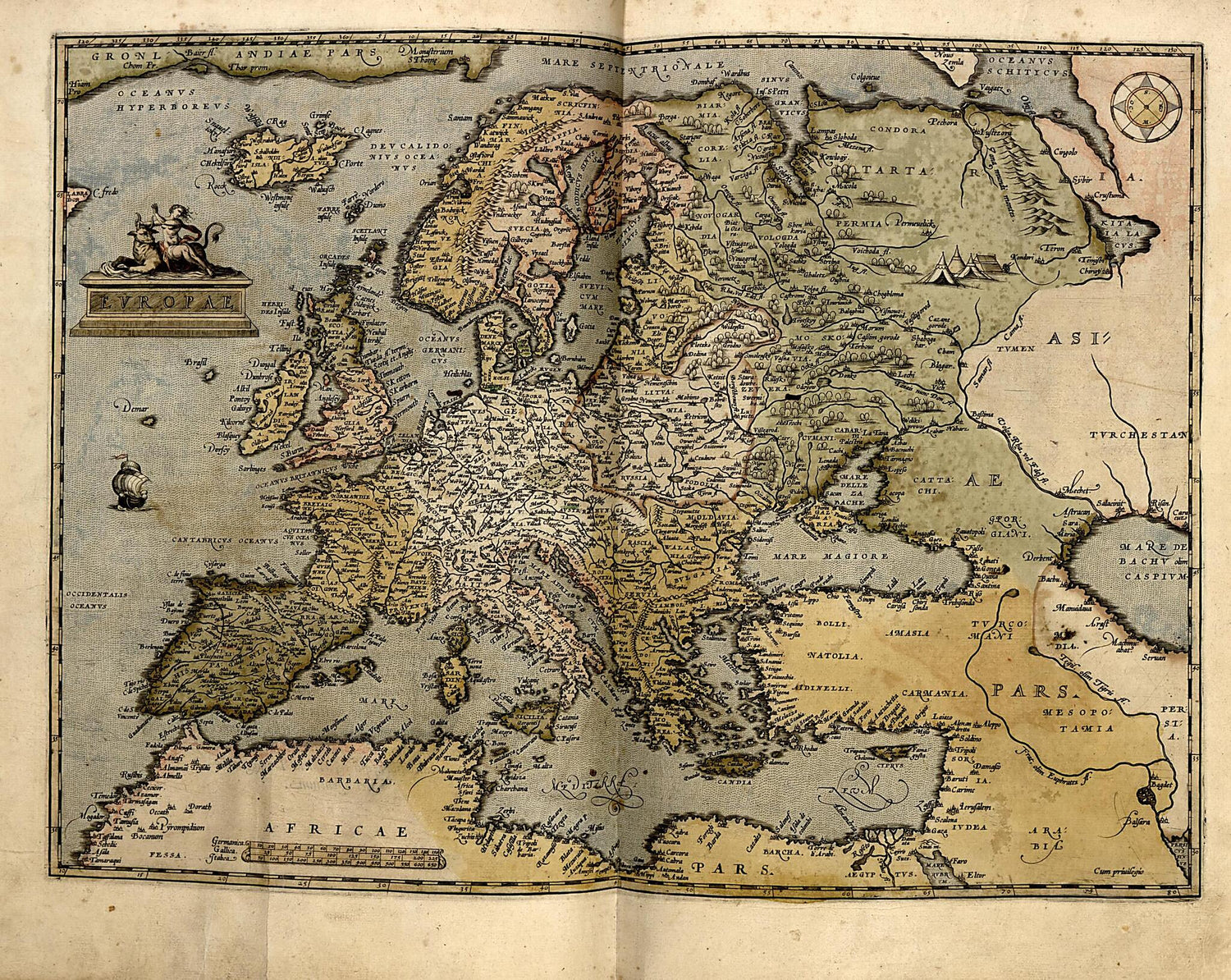 This old map of Evropa from Theatrum Orbis Terrarum from 1570 was created by Abraham Ortelius in 1570