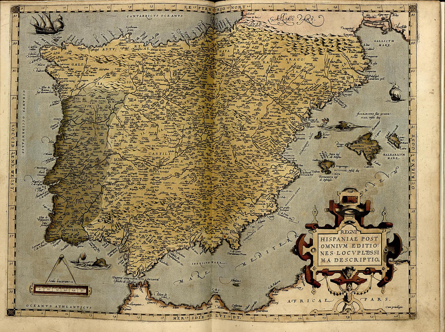 This old map of Hispania from Theatrum Orbis Terrarum from 1570 was created by Abraham Ortelius in 1570