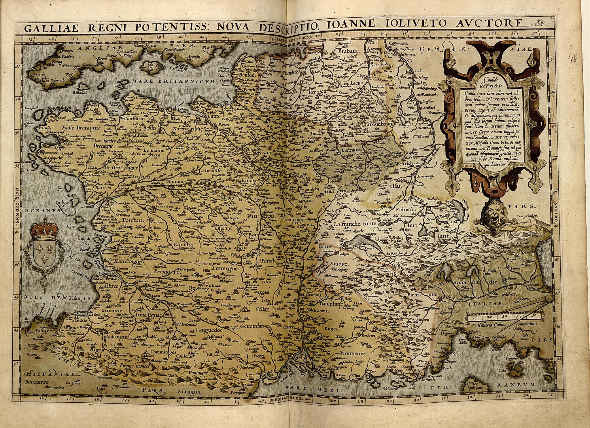 This old map of Gallia from Theatrum Orbis Terrarum from 1570 was created by Abraham Ortelius in 1570