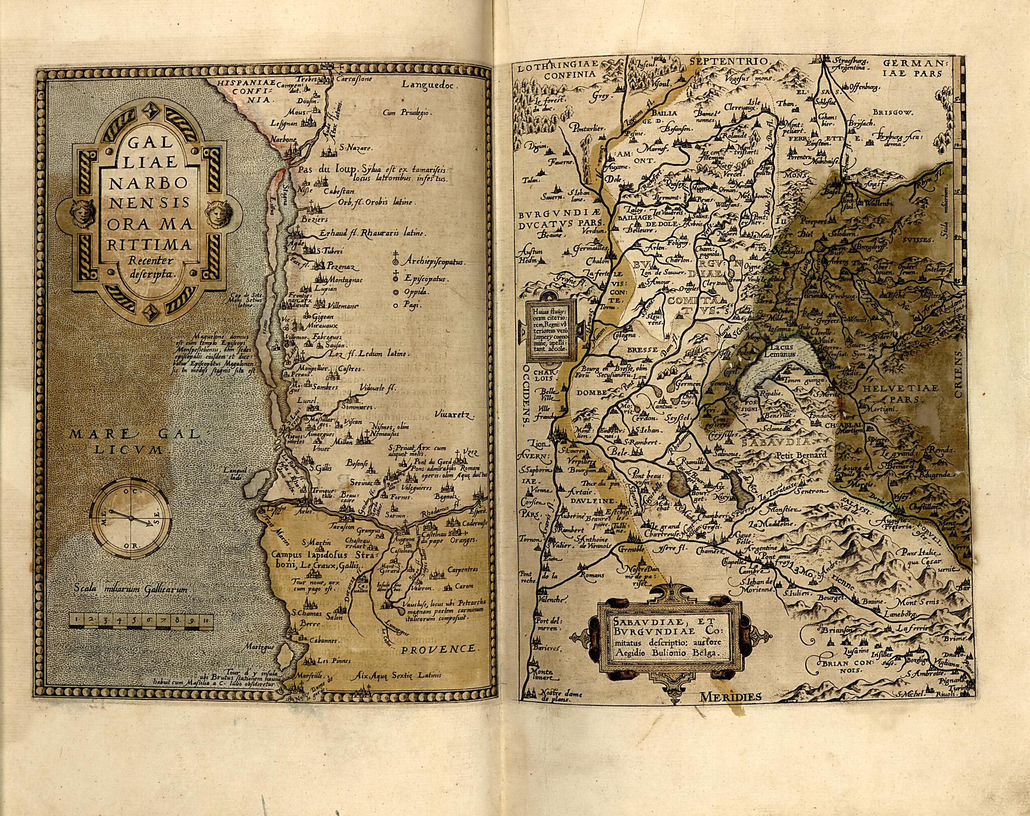 This old map of Galliae Nar Bonensis Ora Maritima. Bvrgvndiae Comitatvs from Theatrum Orbis Terrarum from 1570 was created by Abraham Ortelius in 1570