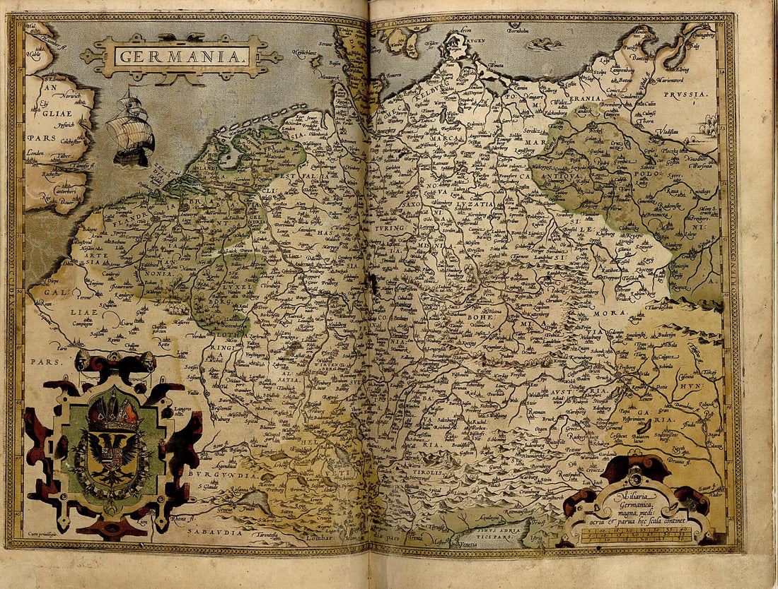 This old map of Germania from Theatrum Orbis Terrarum from 1570 was created by Abraham Ortelius in 1570