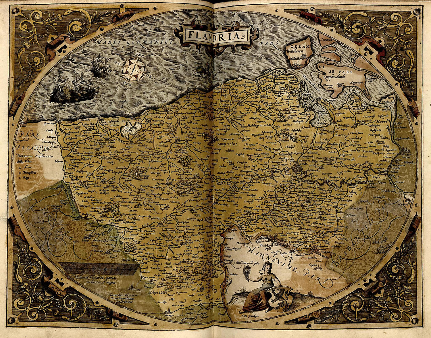 This old map of Flandria from Theatrum Orbis Terrarum from 1570 was created by Abraham Ortelius in 1570