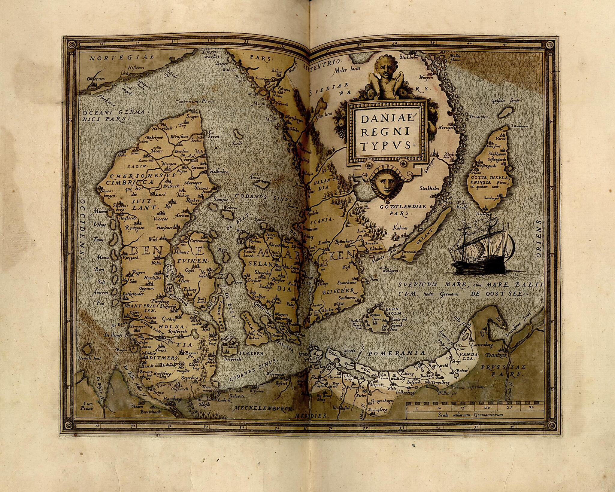 This old map of Dania from Theatrum Orbis Terrarum from 1570 was created by Abraham Ortelius in 1570