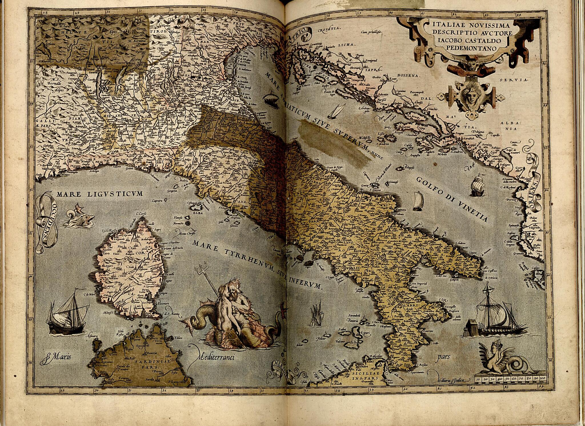 This old map of Italia from Theatrum Orbis Terrarum from 1570 was created by Abraham Ortelius in 1570