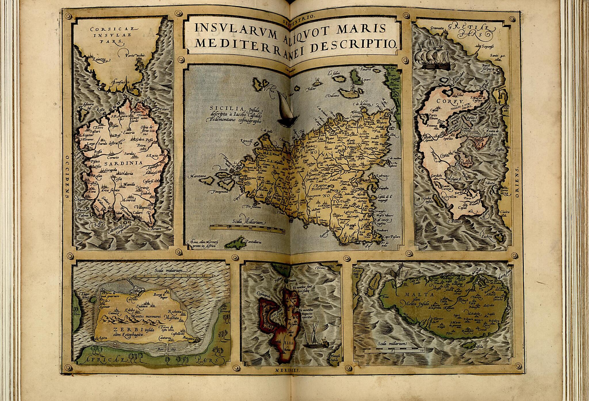 This old map of Sicilia. Sardinia. Malta Olim Melita. Elba Olim Ilva, Corfv Olim from Theatrum Orbis Terrarum from 1570 was created by Abraham Ortelius in 1570