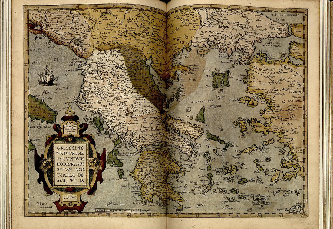 This old map of Graecia from Theatrum Orbis Terrarum from 1570 was created by Abraham Ortelius in 1570