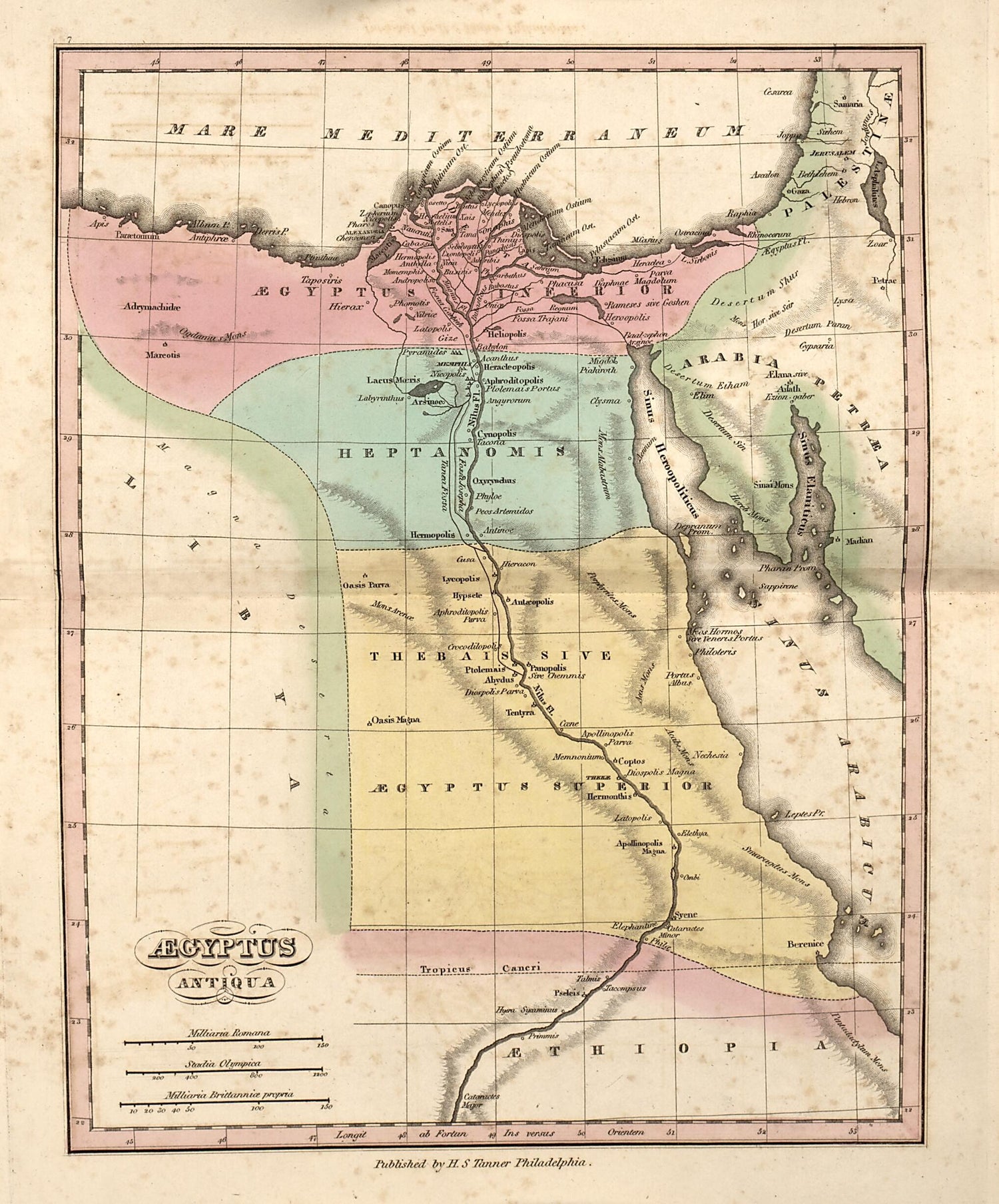 This old map of Aegyptus Antiqua from Ancient Geography from 1826 was created by Henry Schenck Tanner in 1826