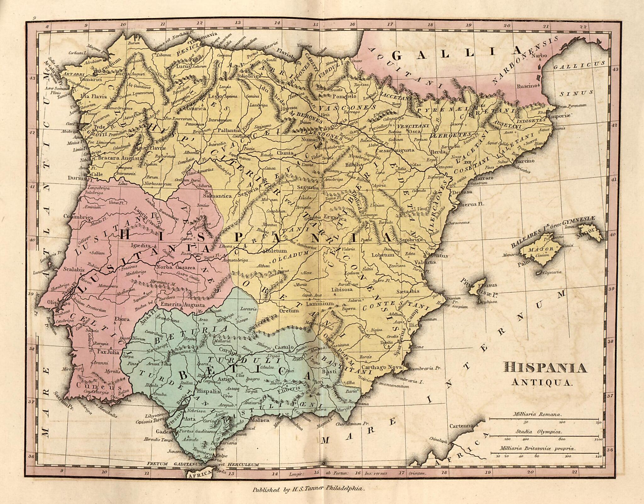 This old map of Hispania Antiqua from Ancient Geography from 1826 was created by Henry Schenck Tanner in 1826