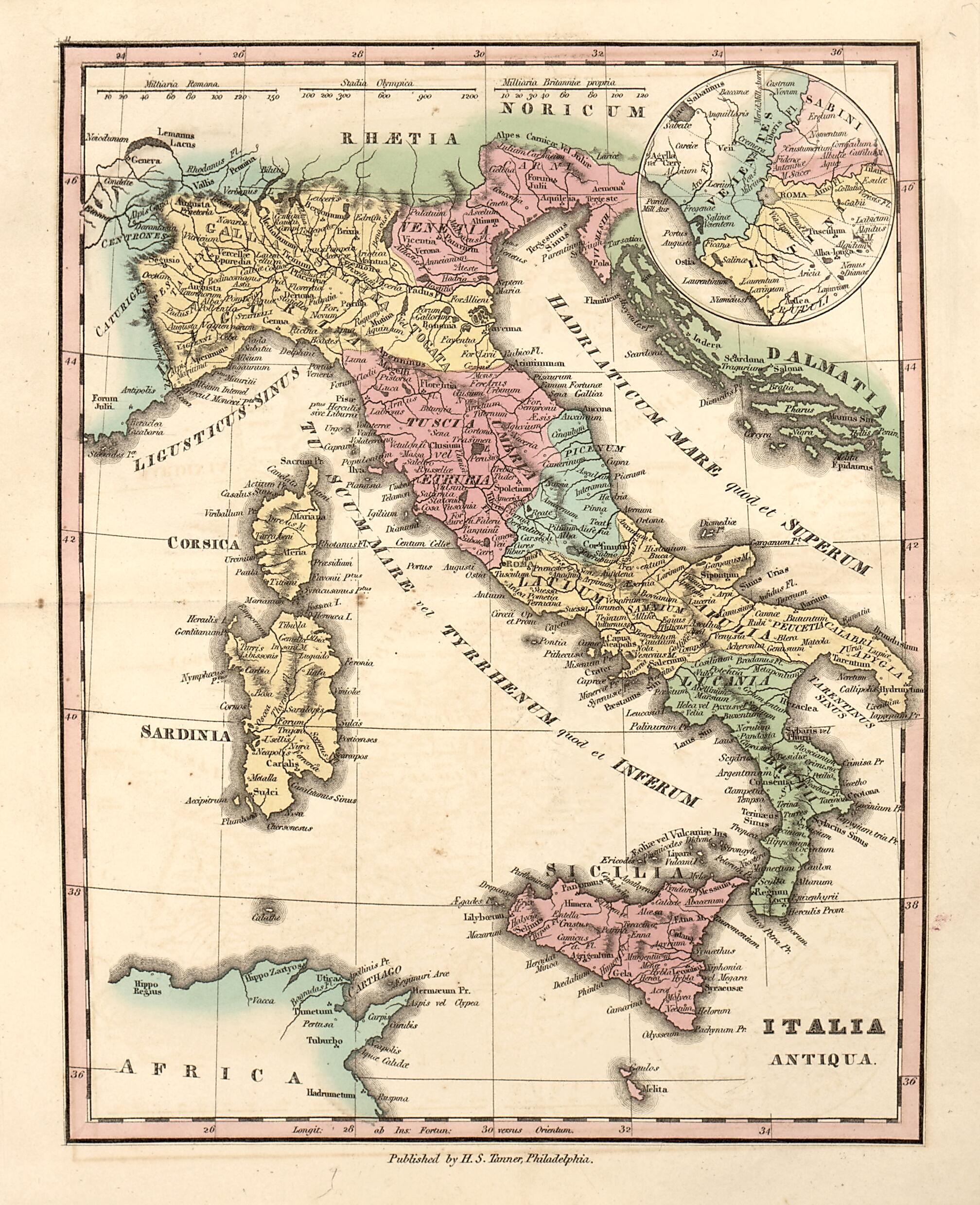 This old map of Italia Antiqua from Ancient Geography from 1826 was created by Henry Schenck Tanner in 1826