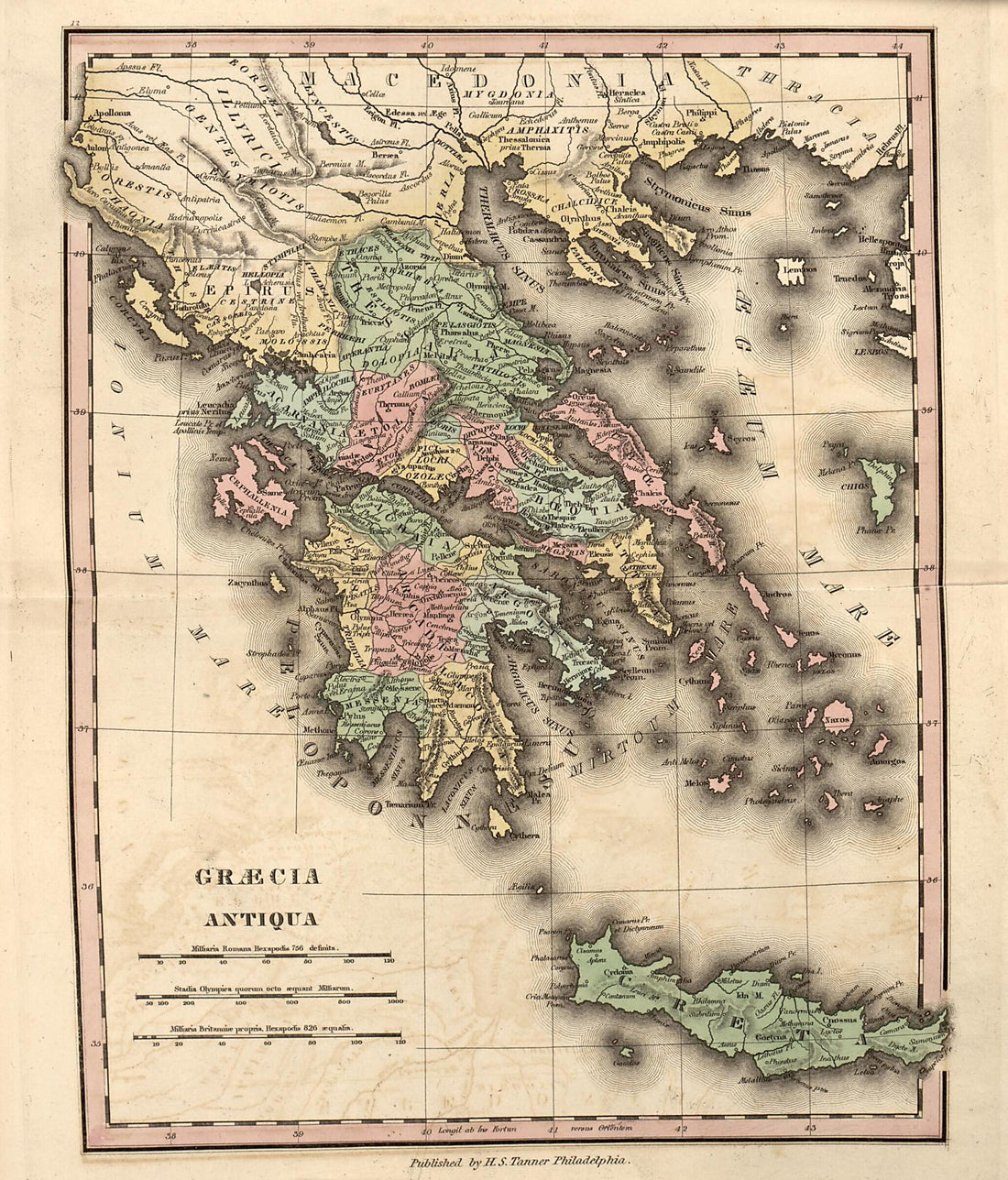 This old map of Graecia Antiqua from Ancient Geography from 1826 was created by Henry Schenck Tanner in 1826