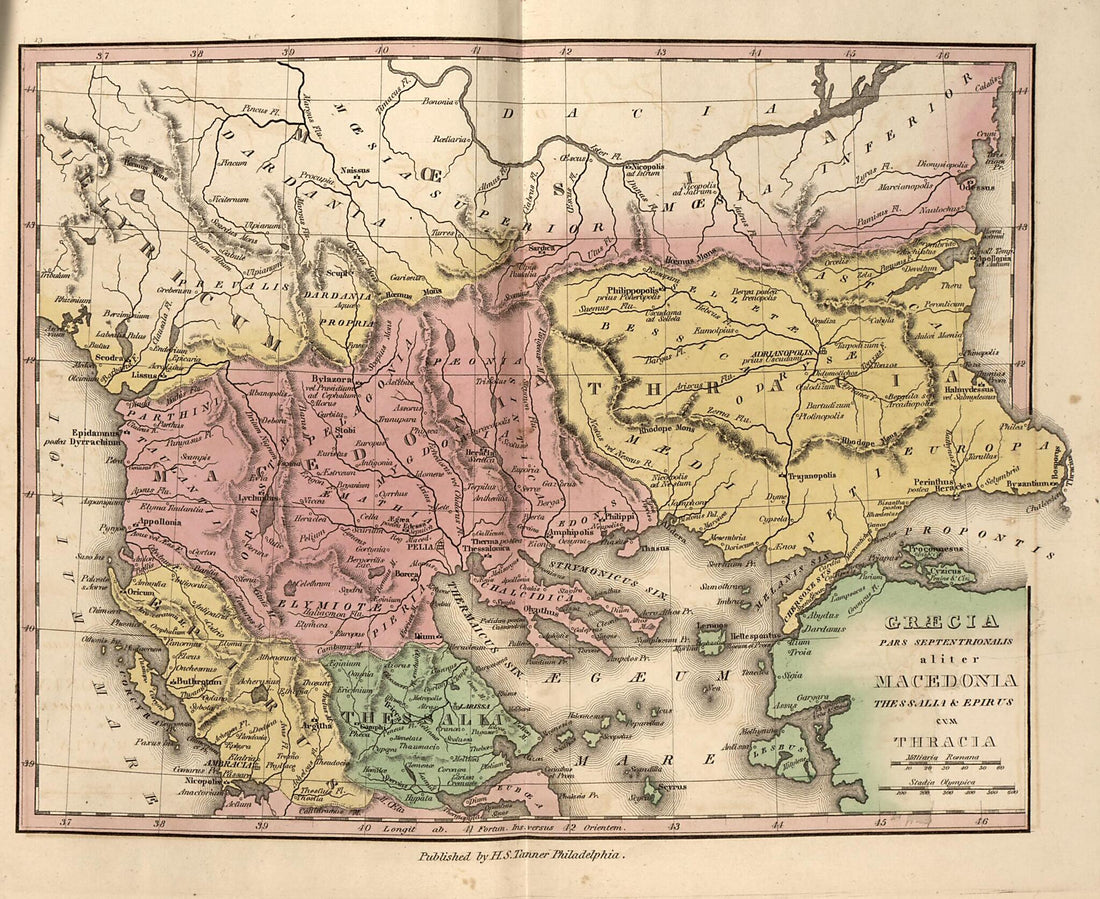 This old map of Graecia, Macedonia, Thracia from Ancient Geography from 1826 was created by Henry Schenck Tanner in 1826