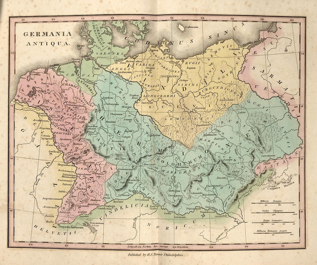 This old map of Germania Antiqua from Ancient Geography from 1826 was created by Henry Schenck Tanner in 1826