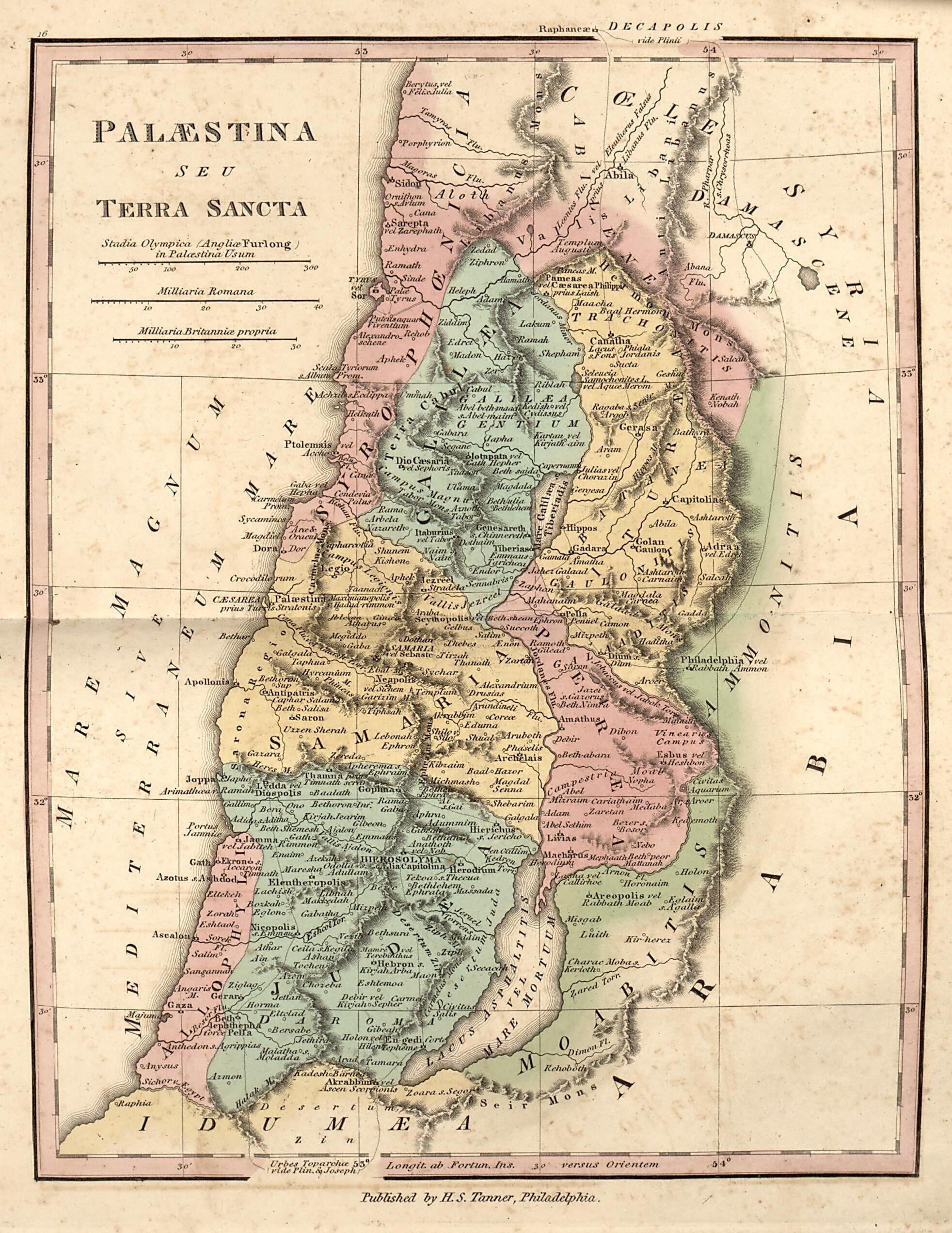 This old map of Palaestina from Ancient Geography from 1826 was created by Henry Schenck Tanner in 1826