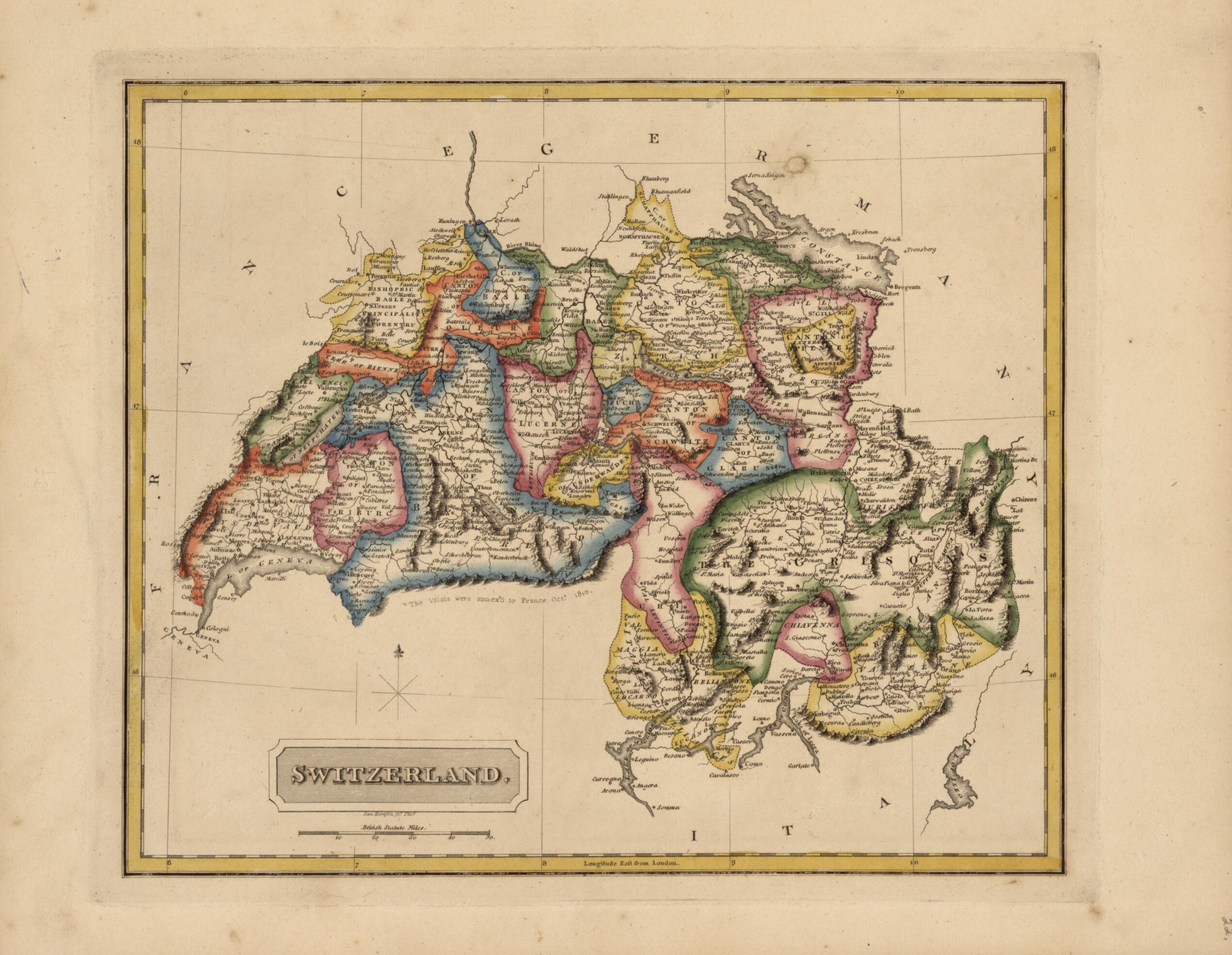 This old map of Switzerland from a New and Elegant General Atlas, Containing Maps of Each of the United States  from 1817 was created by Henry Schenck Tanner in 1817