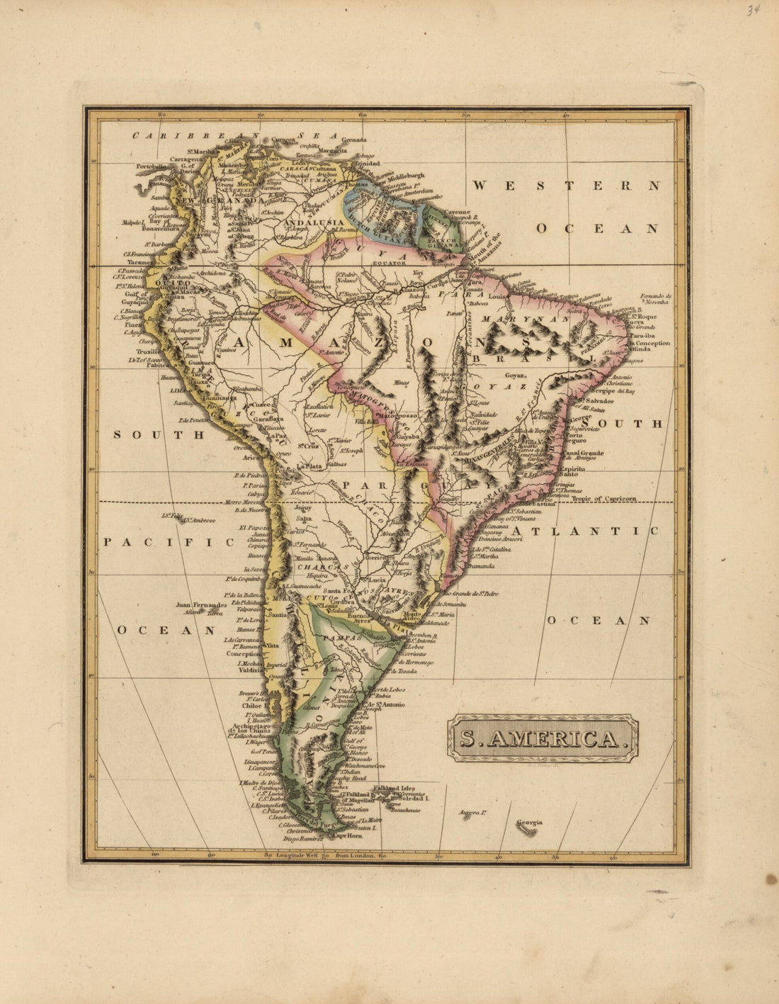 This old map of South America from a New and Elegant General Atlas, Containing Maps of Each of the United States  from 1817 was created by Henry Schenck Tanner in 1817