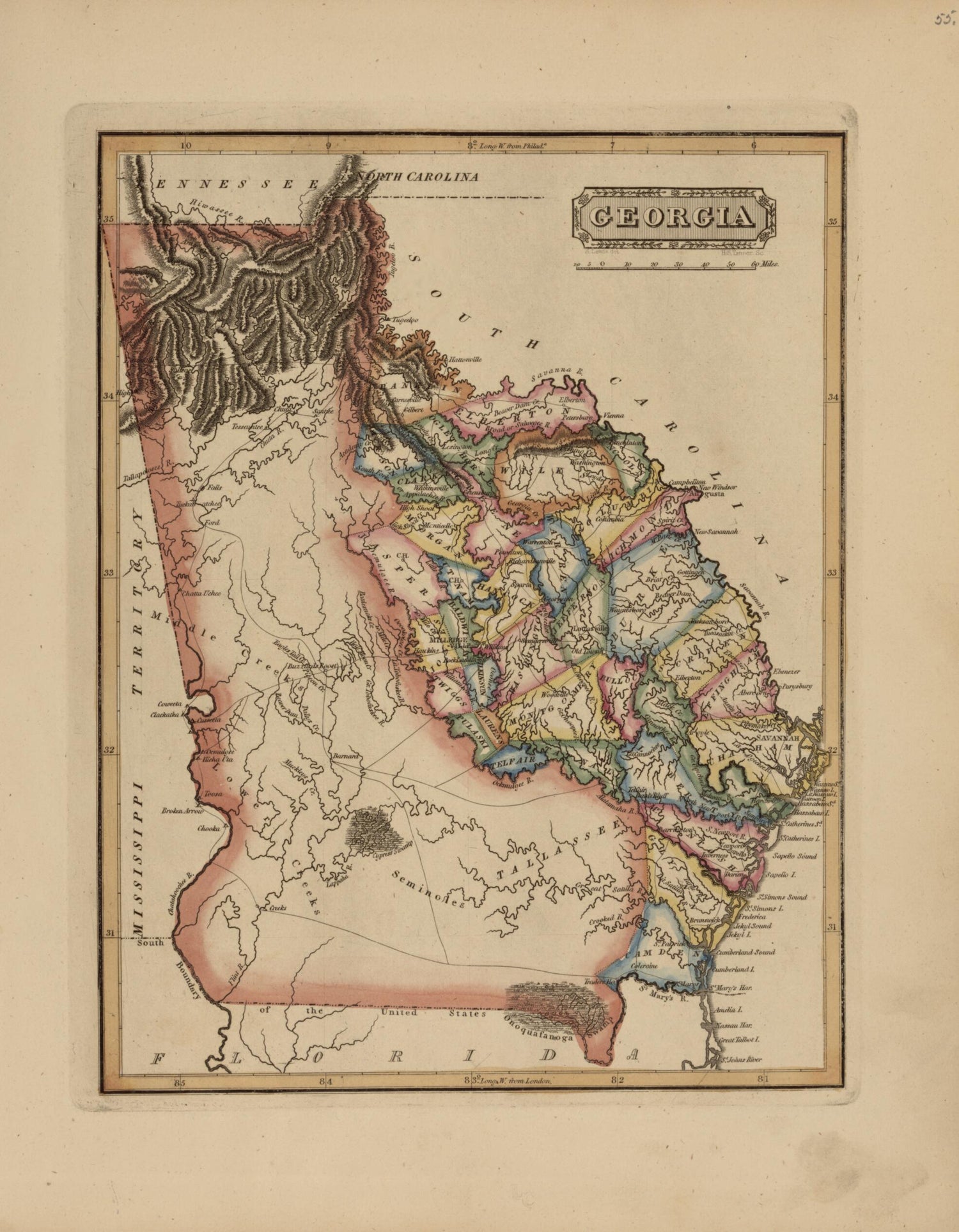 This old map of Georgia from a New and Elegant General Atlas, Containing Maps of Each of the United States  from 1817 was created by Henry Schenck Tanner in 1817
