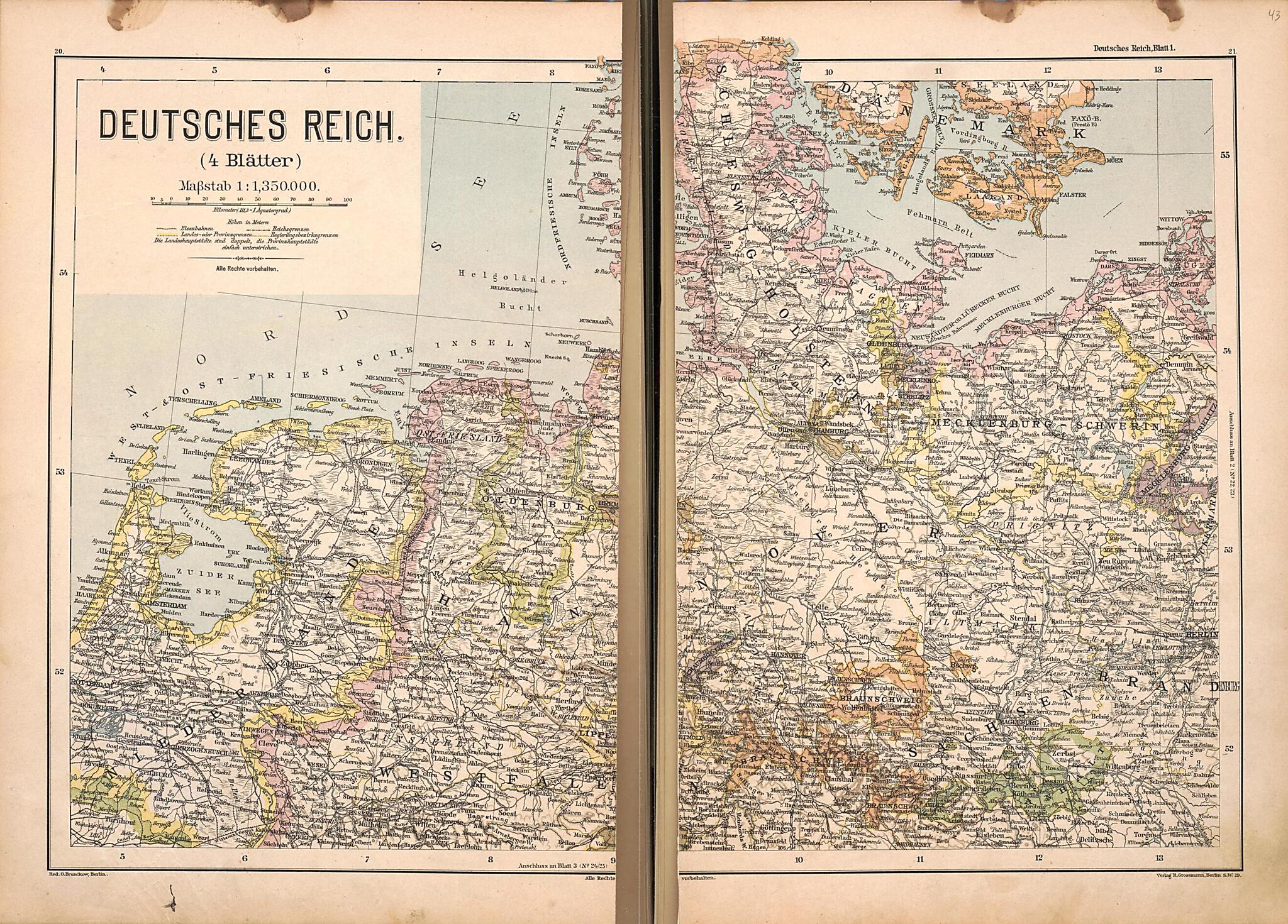 This old map of Deutsches Reich from Neuer Grosser Hand-Atlas from 1894 was created by  Verlag Von R. Grossmann in 1894