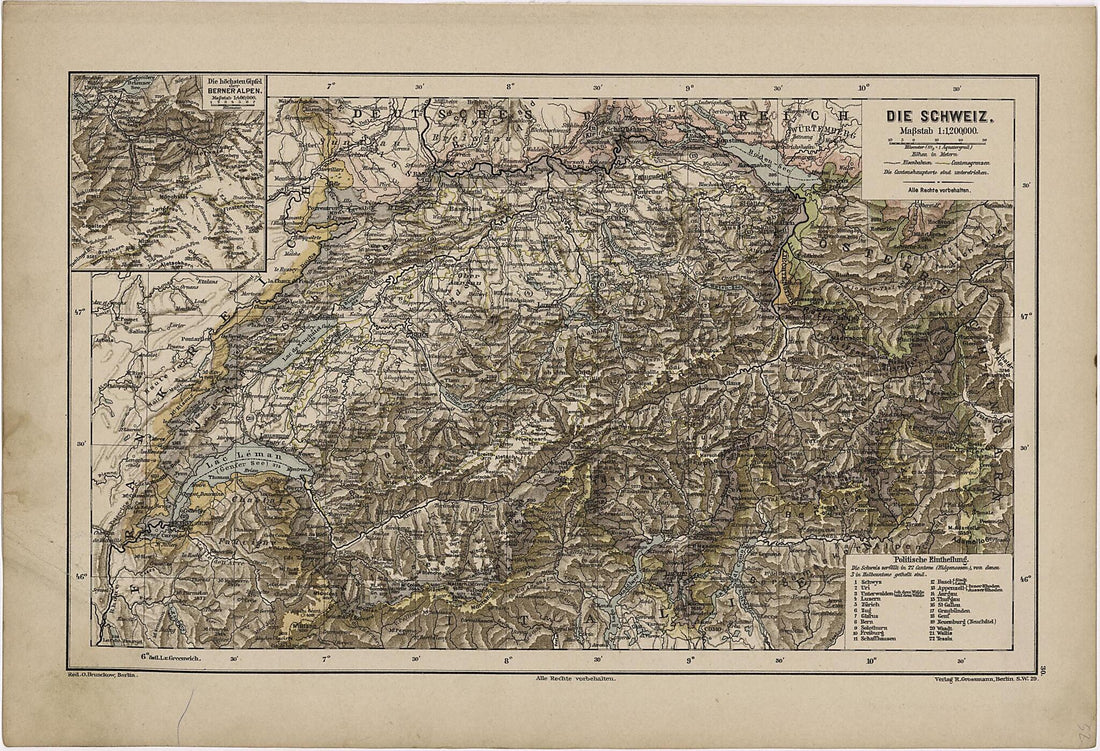 This old map of Die Schweiz from Neuer Grosser Hand-Atlas from 1894 was created by  Verlag Von R. Grossmann in 1894