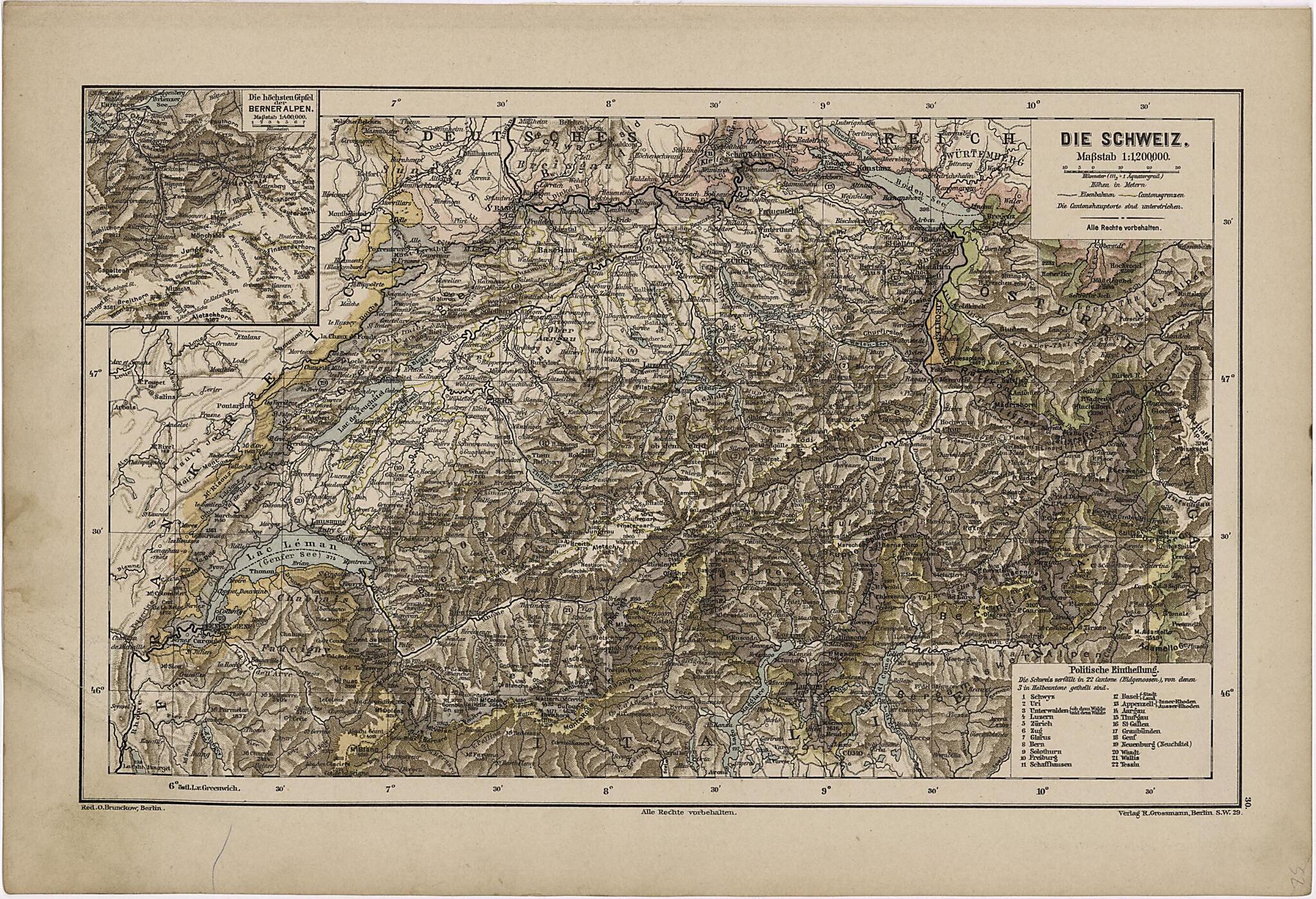 This old map of Die Schweiz from Neuer Grosser Hand-Atlas from 1894 was created by  Verlag Von R. Grossmann in 1894