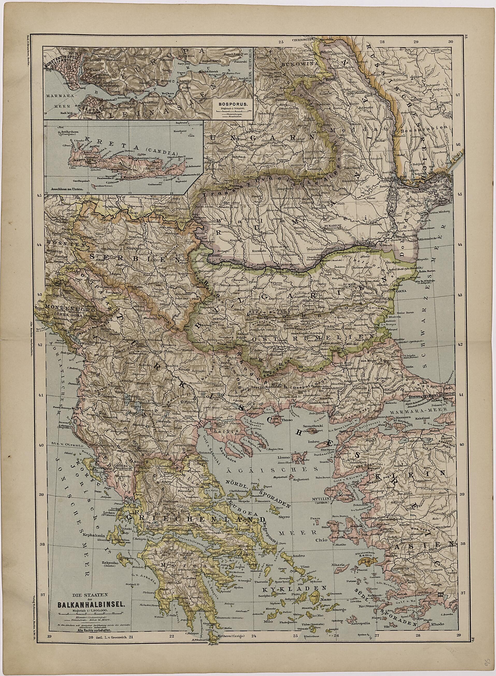 This old map of Balkanhalbinsel from Neuer Grosser Hand-Atlas from 1894 was created by  Verlag Von R. Grossmann in 1894