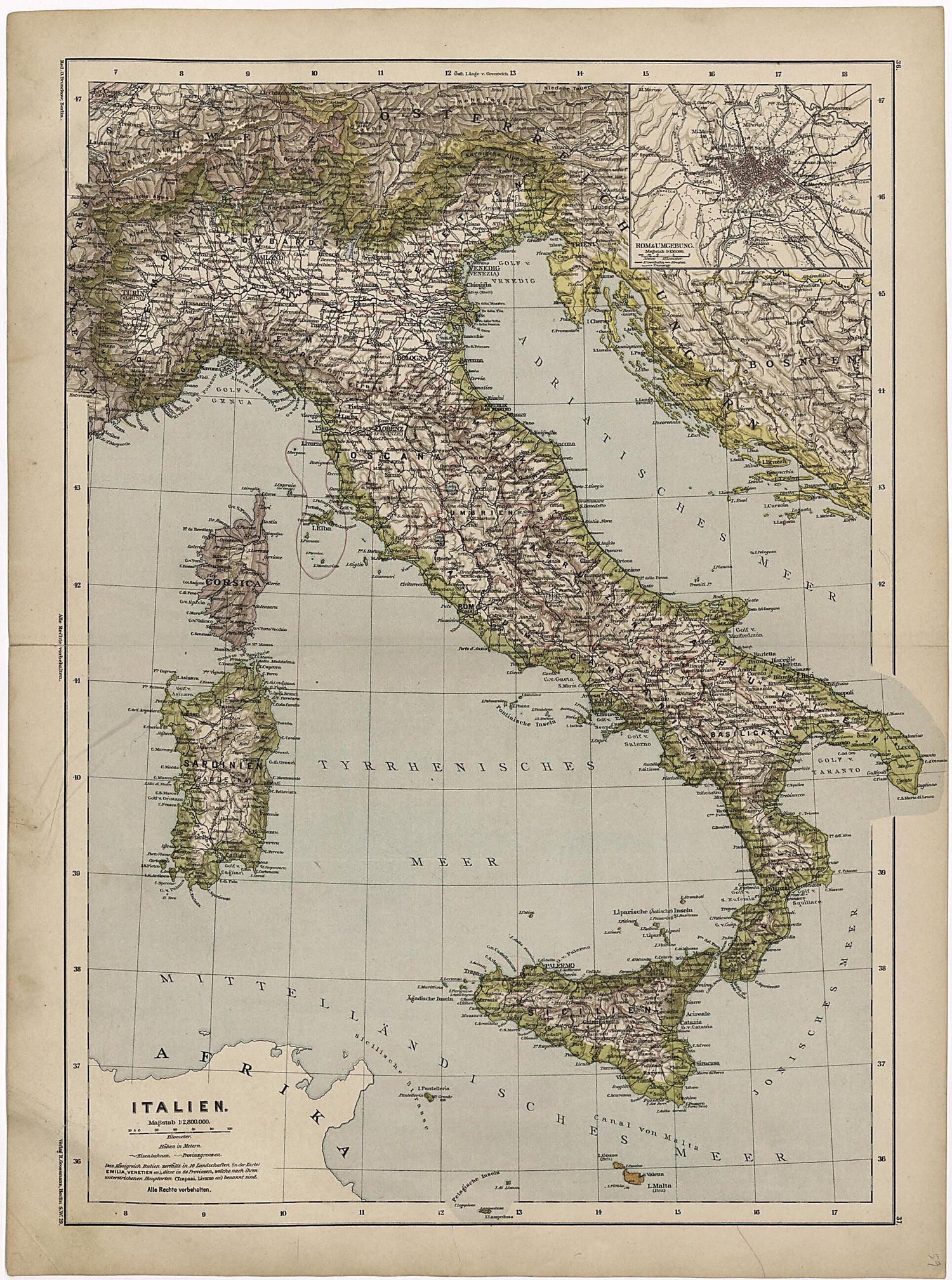 This old map of Italien from Neuer Grosser Hand-Atlas from 1894 was created by  Verlag Von R. Grossmann in 1894