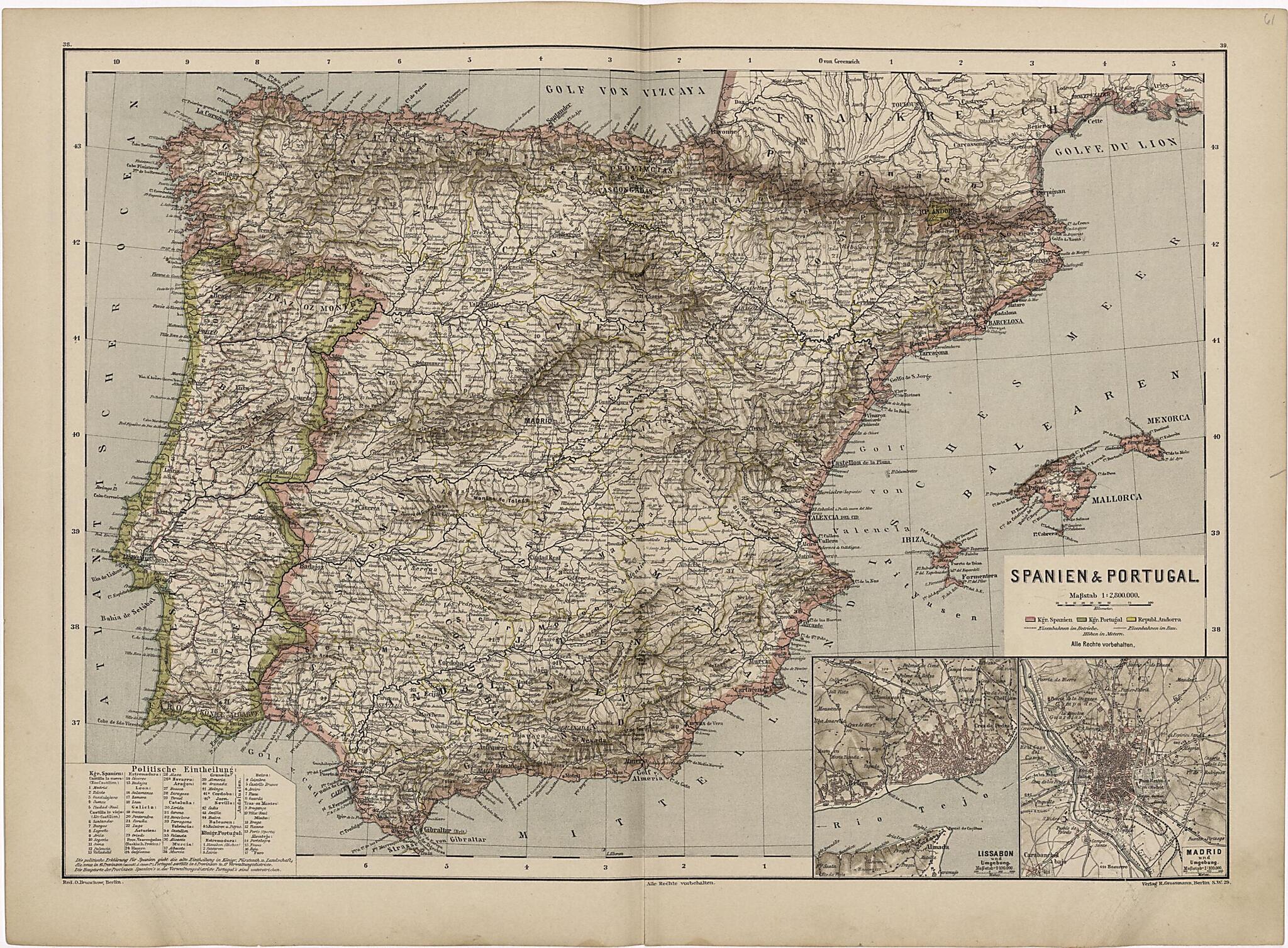 This old map of Spanien &amp; Portugal from Neuer Grosser Hand-Atlas from 1894 was created by  Verlag Von R. Grossmann in 1894