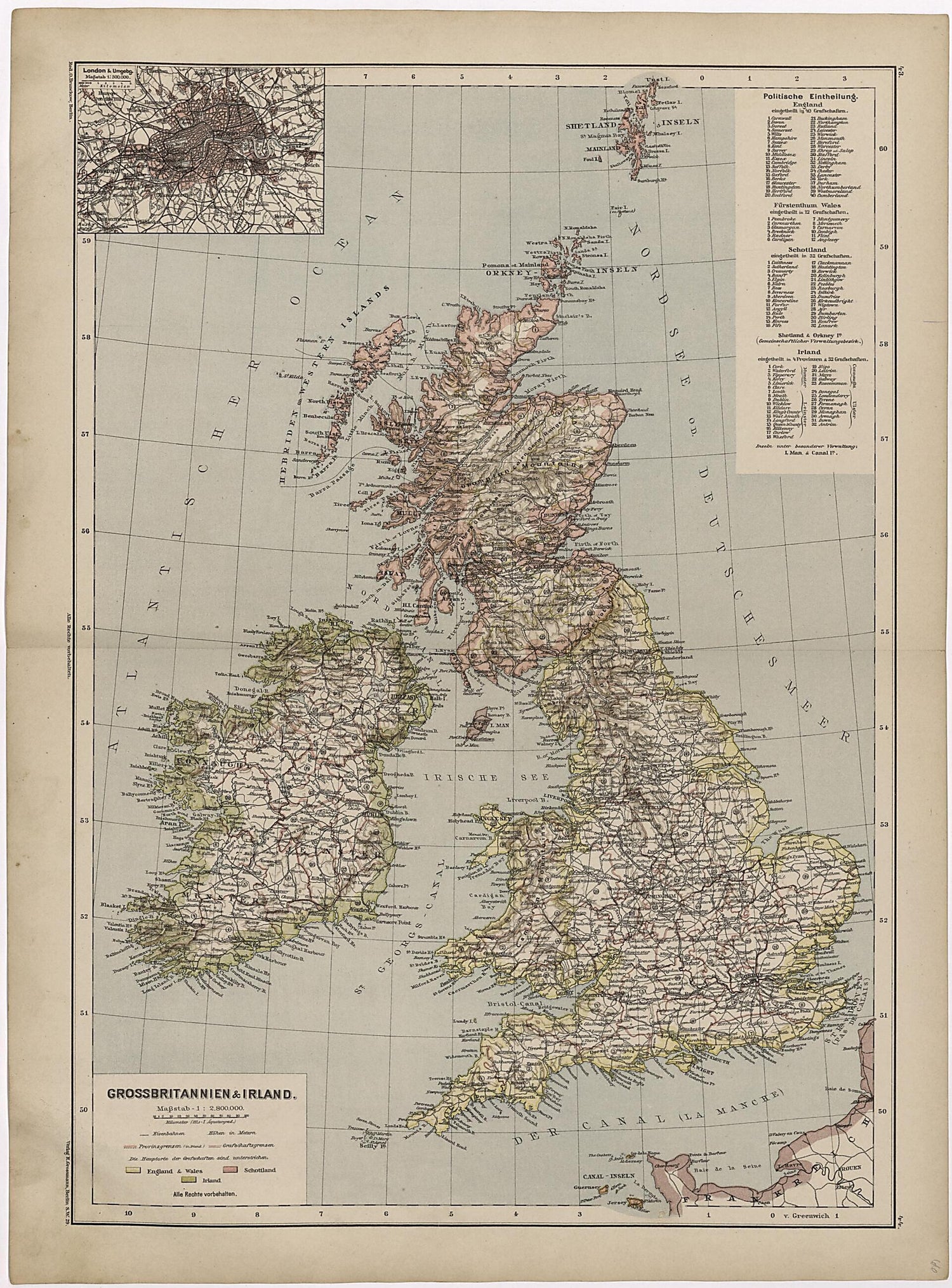 This old map of Grossbritannien &amp; Irland from Neuer Grosser Hand-Atlas from 1894 was created by  Verlag Von R. Grossmann in 1894