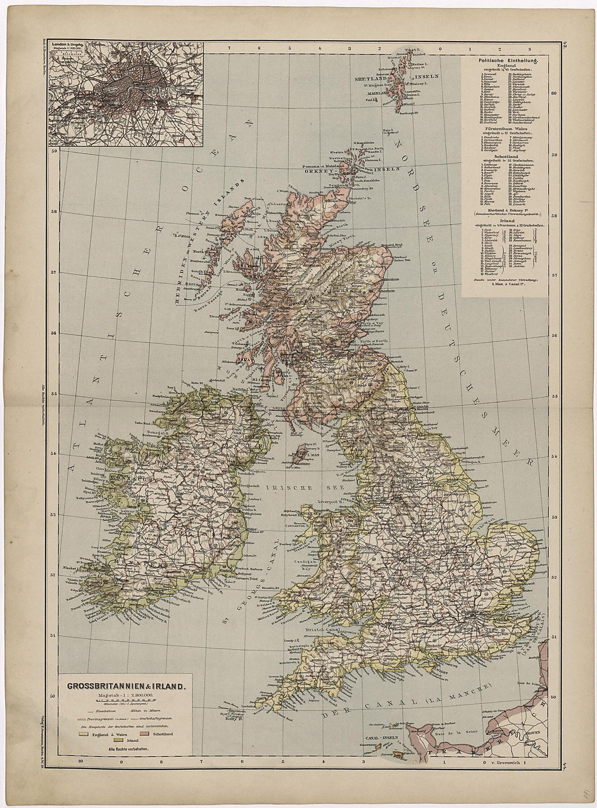 Grossbritannien &amp; Irland from Neuer Grosser Hand-Atlas 1894 by Relic Map Company
