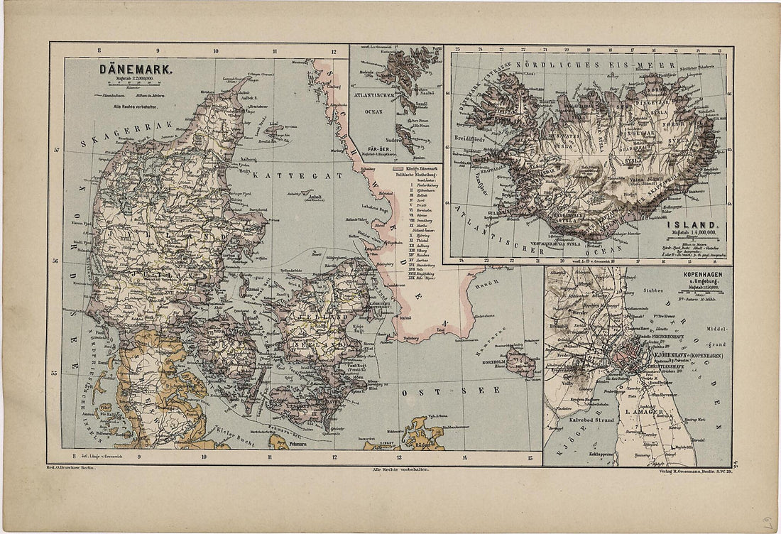 This old map of Danemark from Neuer Grosser Hand-Atlas from 1894 was created by  Verlag Von R. Grossmann in 1894