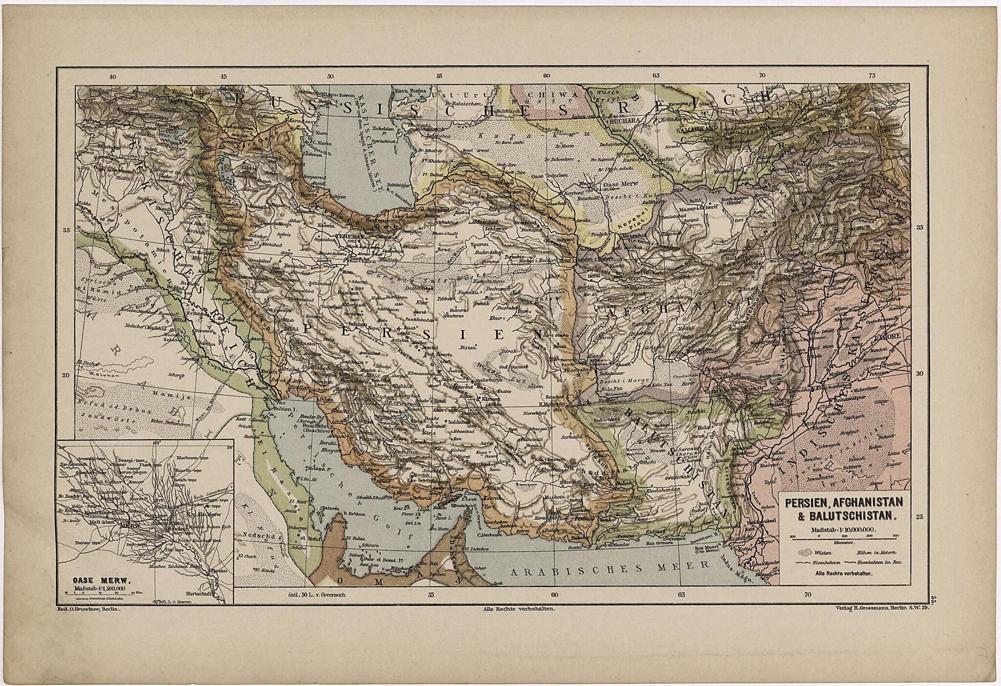 This old map of Persien, Afghanistan &amp; Balutschistan from Neuer Grosser Hand-Atlas from 1894 was created by  Verlag Von R. Grossmann in 1894