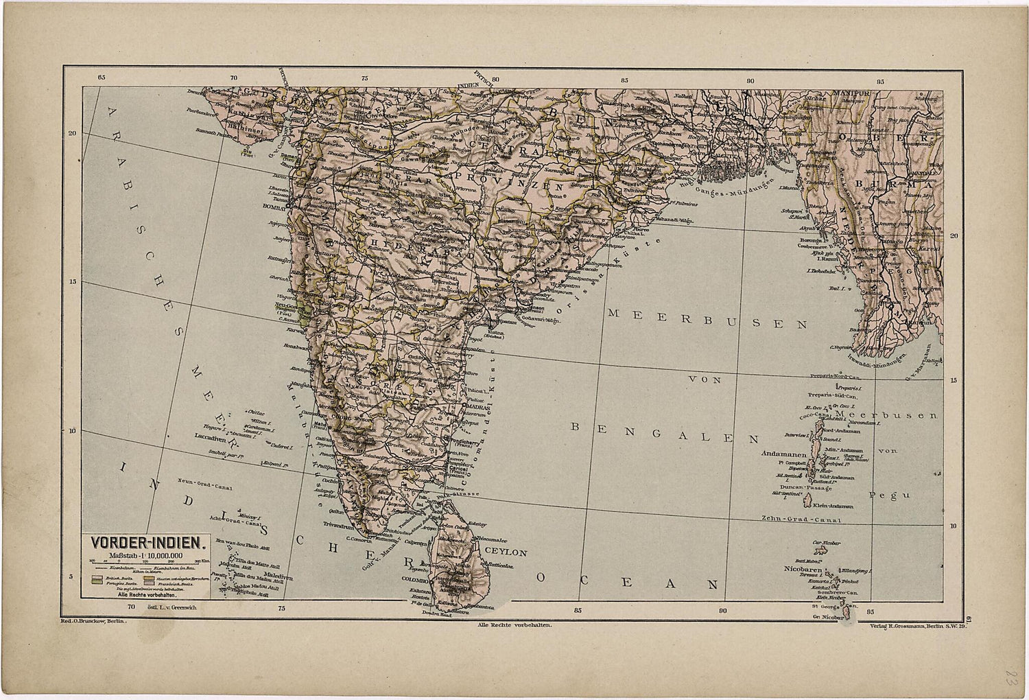 This old map of Vorder-Indien from Neuer Grosser Hand-Atlas from 1894 was created by  Verlag Von R. Grossmann in 1894