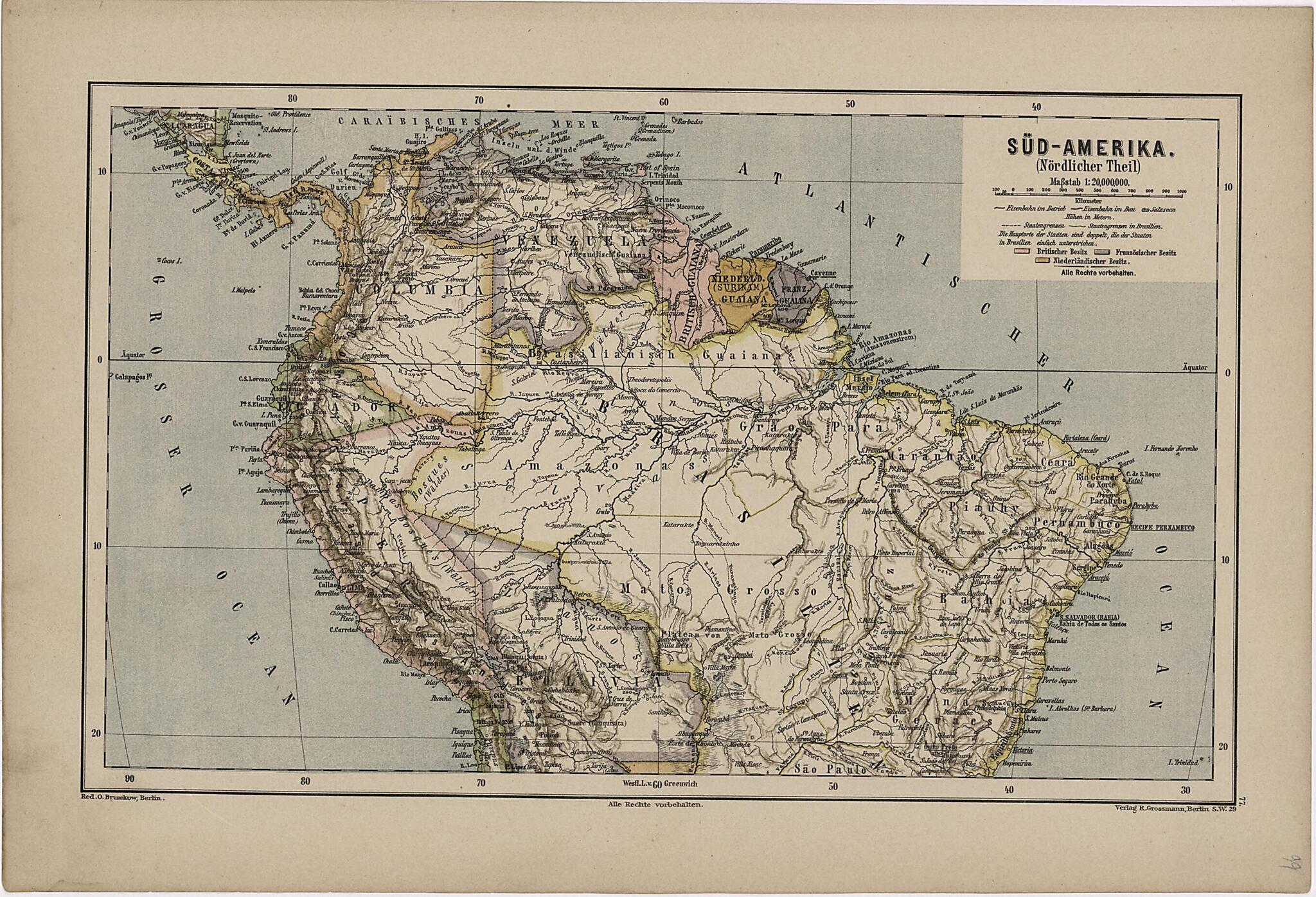 This old map of Sud- Amerika from Neuer Grosser Hand-Atlas from 1894 was created by  Verlag Von R. Grossmann in 1894