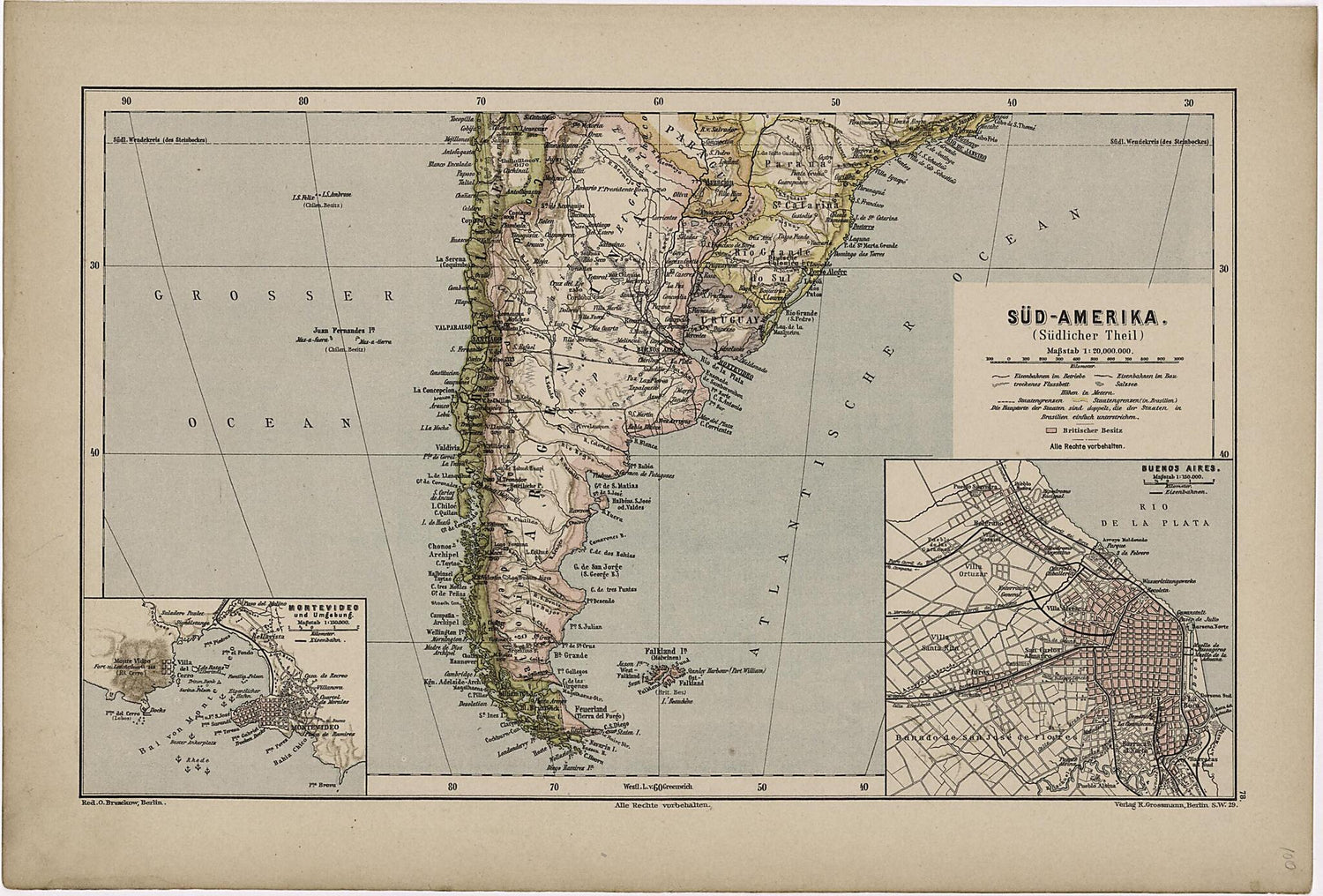 This old map of Sud- Amerika from Neuer Grosser Hand-Atlas from 1894 was created by  Verlag Von R. Grossmann in 1894