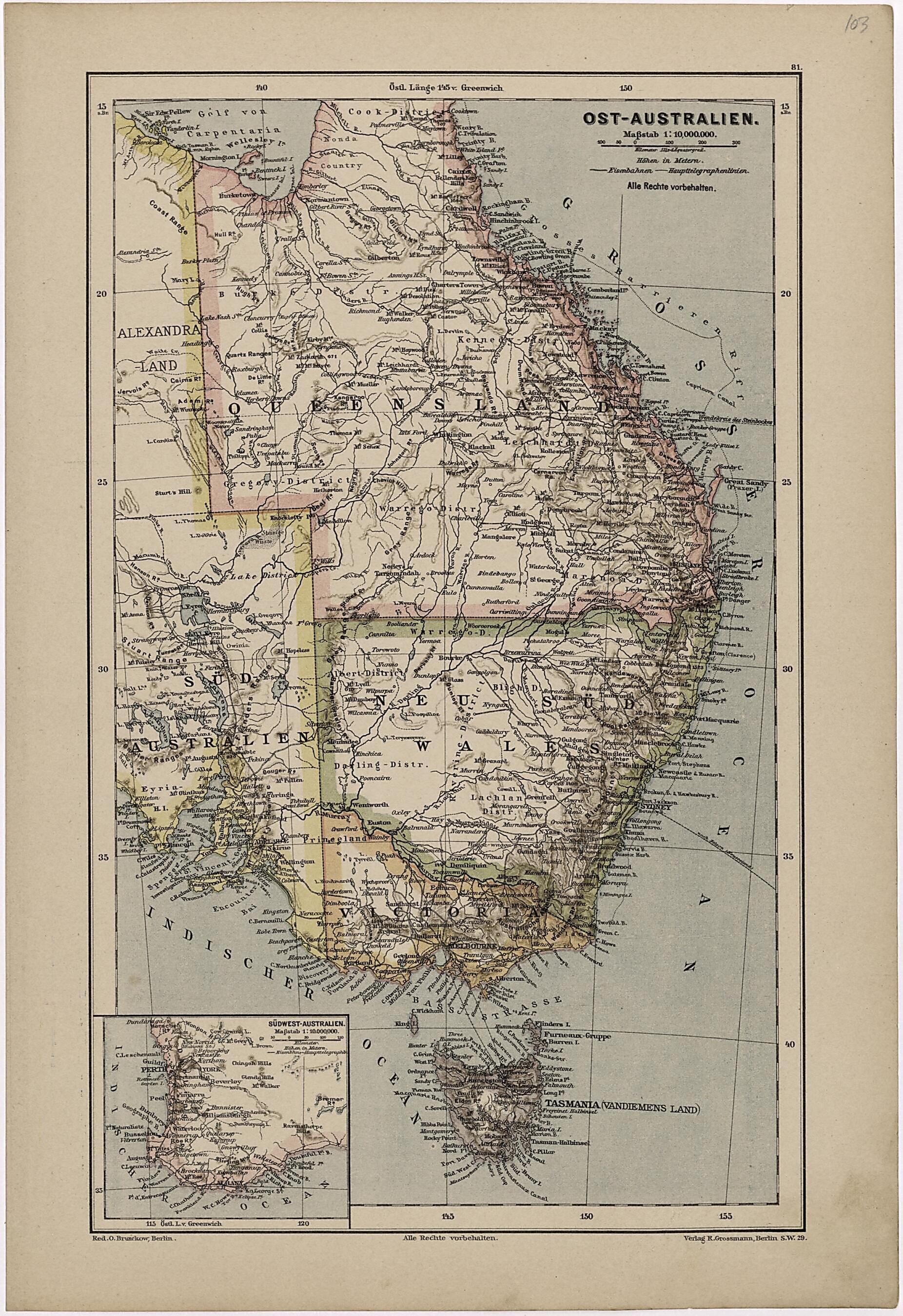 This old map of Ost- Australien from Neuer Grosser Hand-Atlas from 1894 was created by  Verlag Von R. Grossmann in 1894