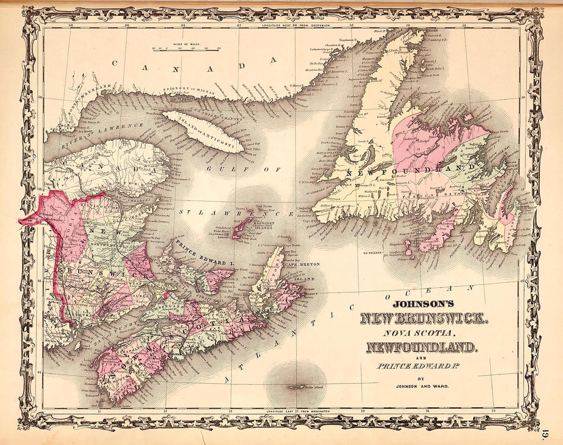 This old map of New Brunswick, Nova Scotia, Newfoundland, &amp; Prince Edward Island from Family Atlas from 1862 was created by A. J. (Alvin Jewett) Johnson in 1862