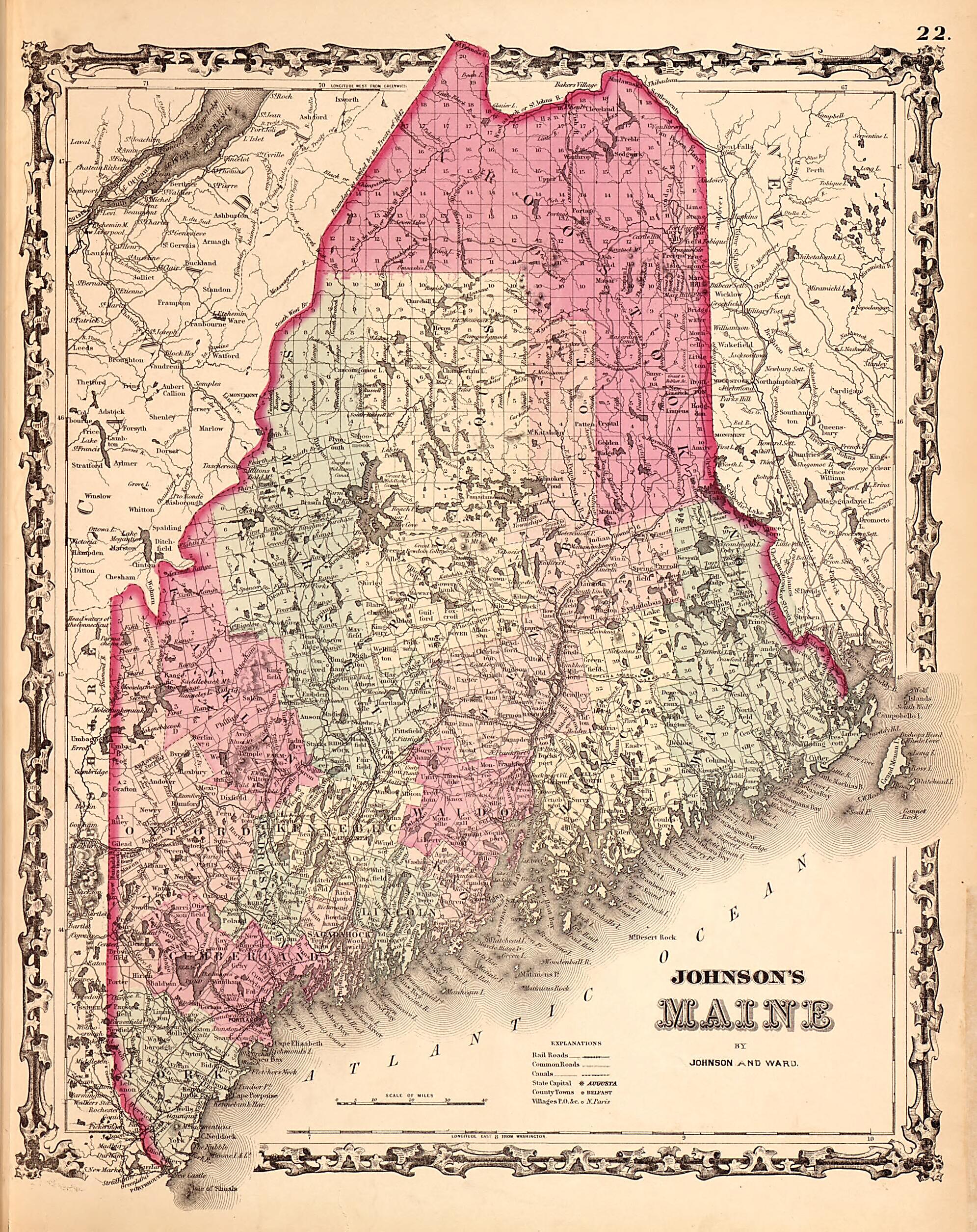 This old map of Maine from Family Atlas from 1862 was created by A. J. (Alvin Jewett) Johnson in 1862