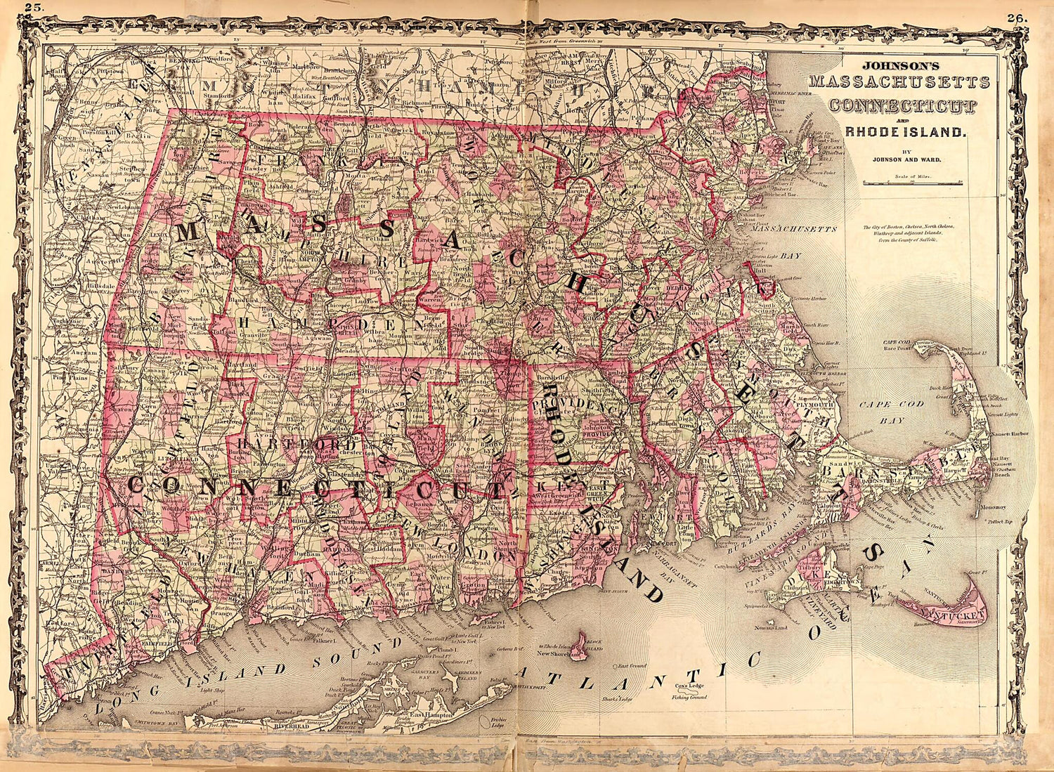 This old map of Massachusetts, Connecticut, and Rhode Island from Family Atlas from 1862 was created by A. J. (Alvin Jewett) Johnson in 1862